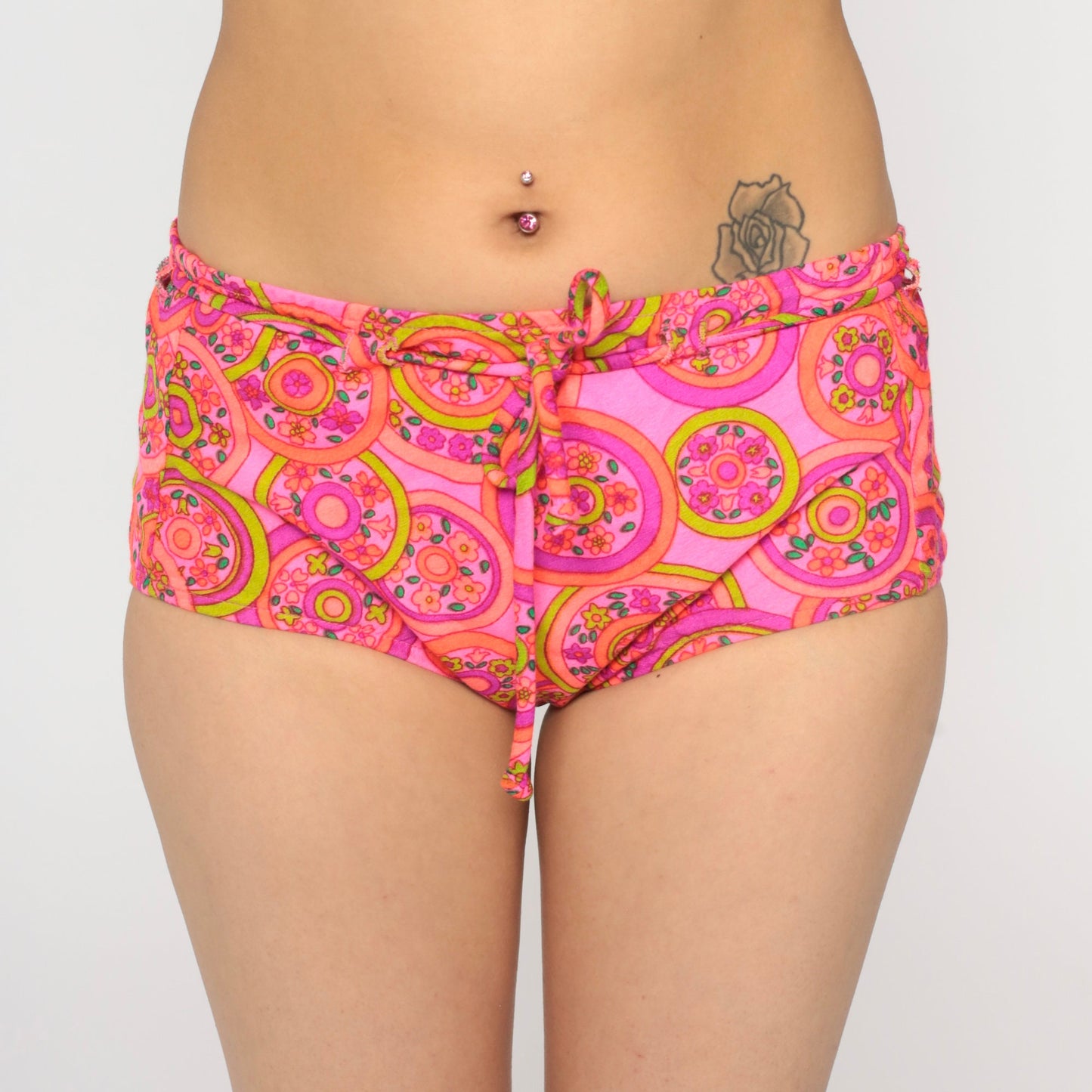 70s Pink Floral Bikini Bottoms Low Waist Drawstring Swim Shorts Small