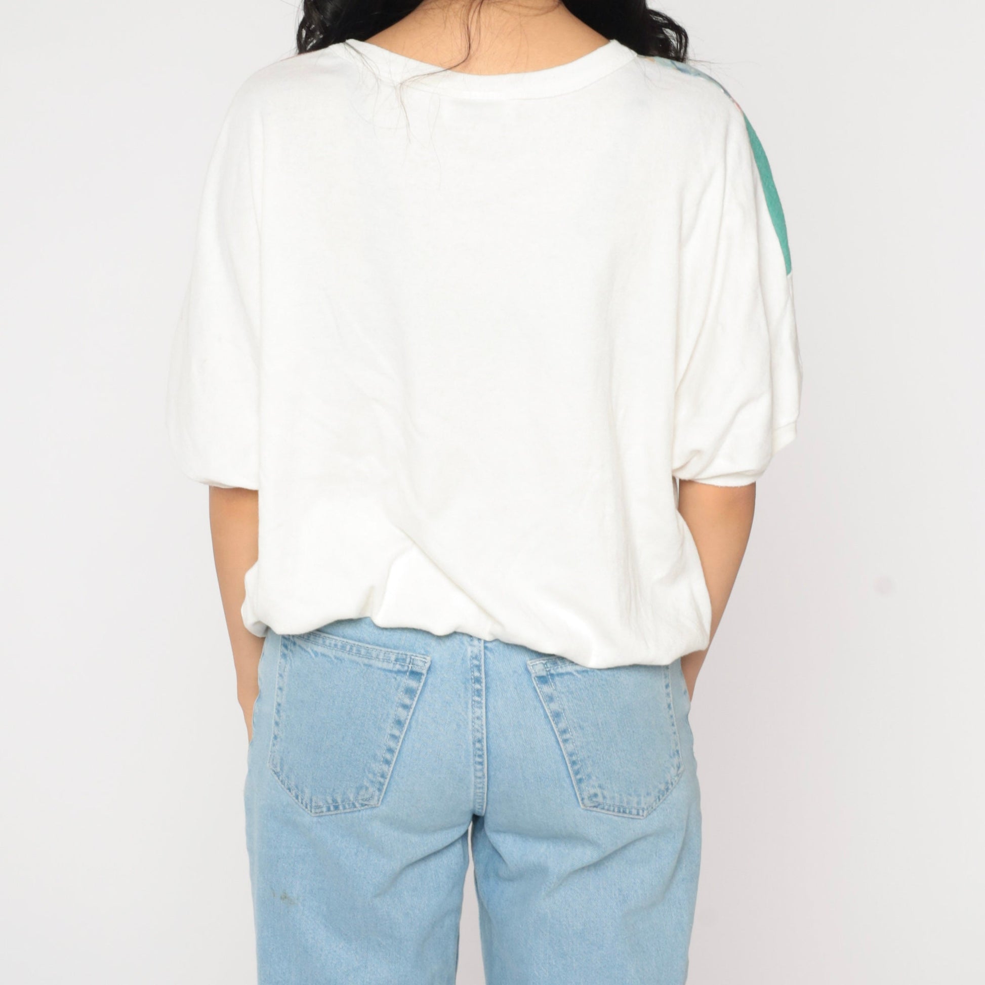 90s Colorblock Floral Striped Cotton T-Shirt White Banded Hem Medium M