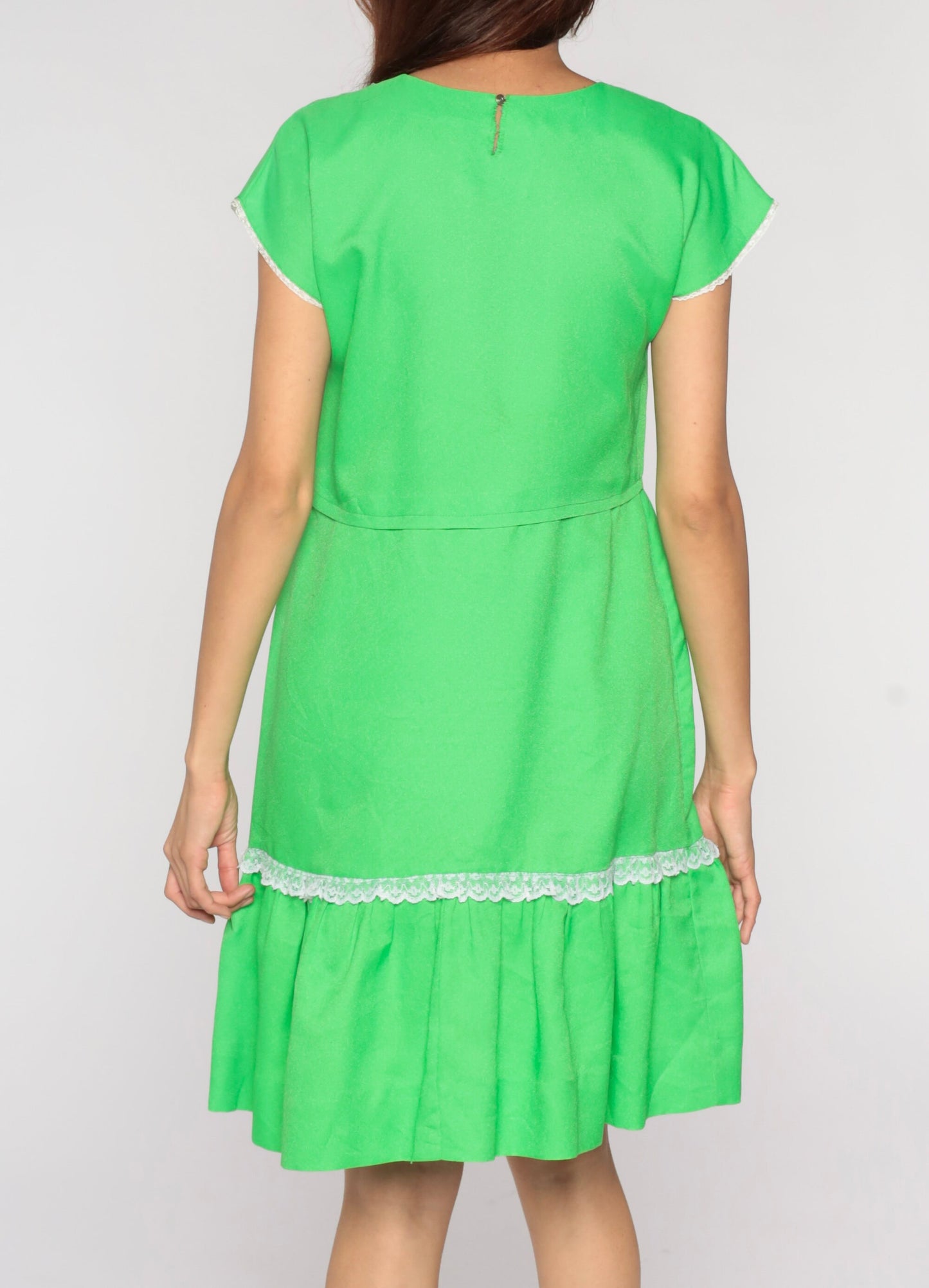 60s Lime Green Mini Dress Cap Sleeve High Waist Fit Flare Small S
