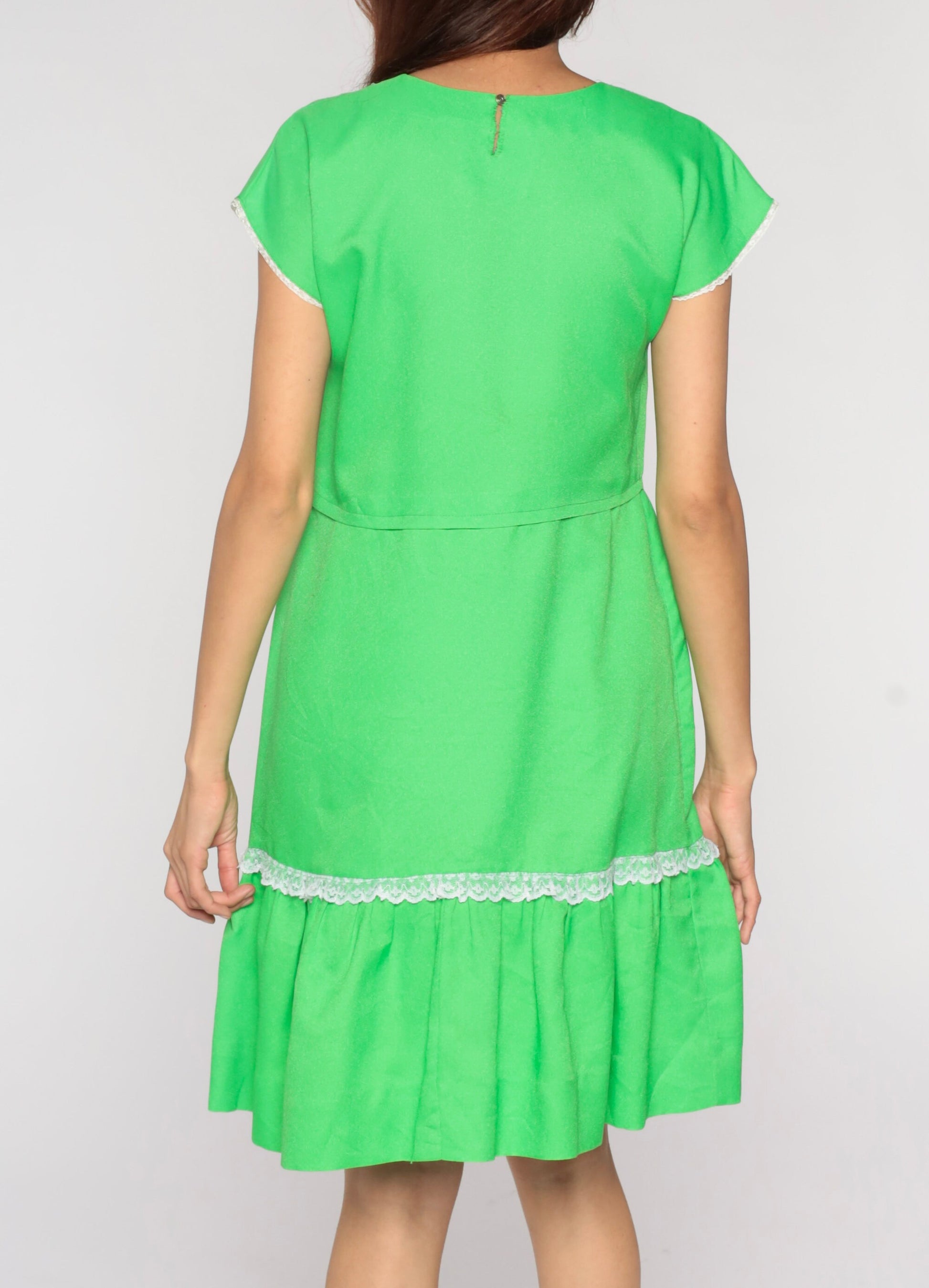 60s Lime Green Mini Dress Cap Sleeve High Waist Fit Flare Small S