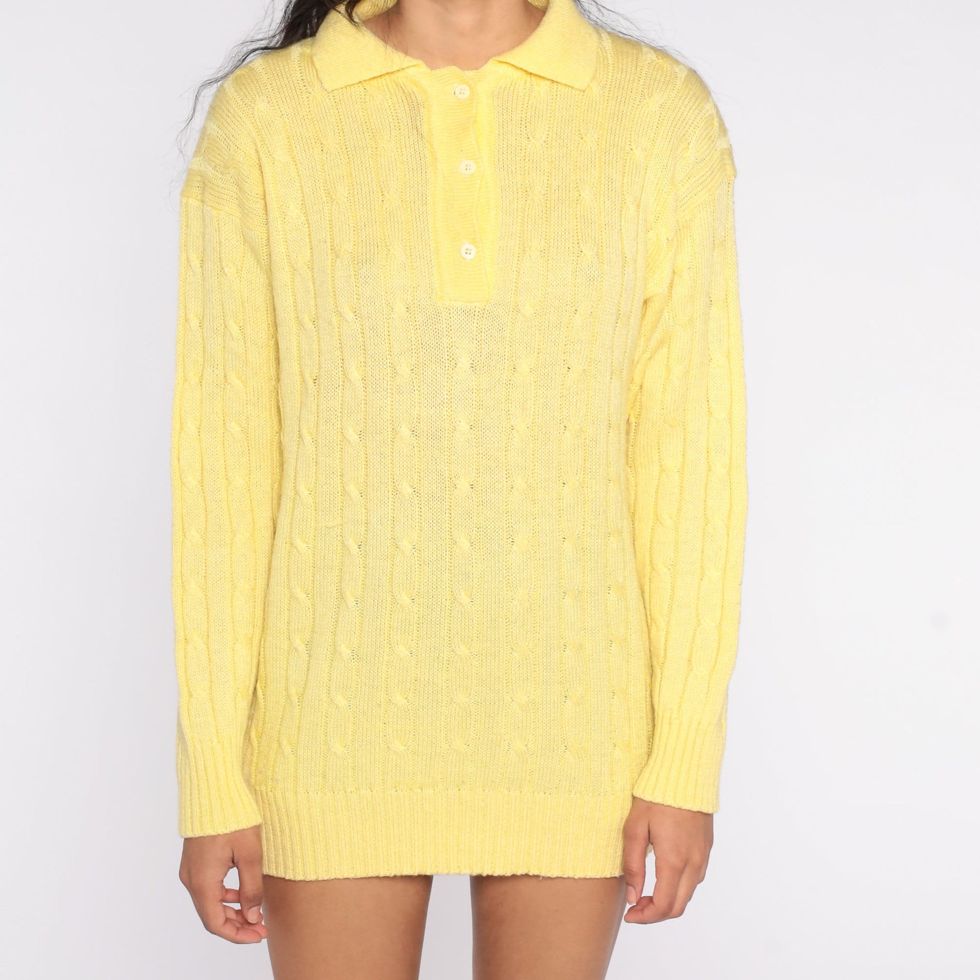 80s Diane Von Furstenberg Yellow Cable Knit Pullover Collared Sweater Large L