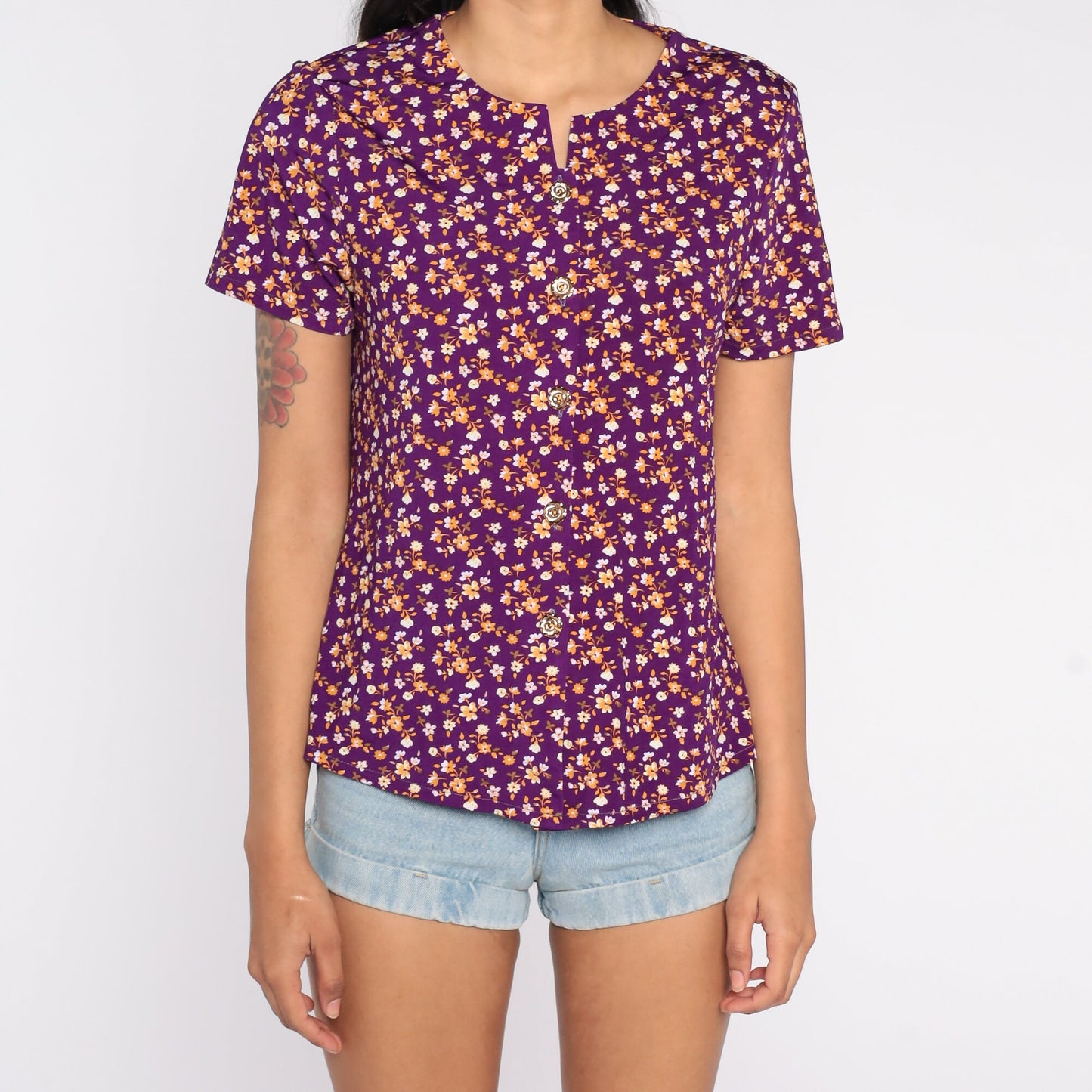 90s Purple Floral Button-Up Blouse Short Sleeve Shirt Large