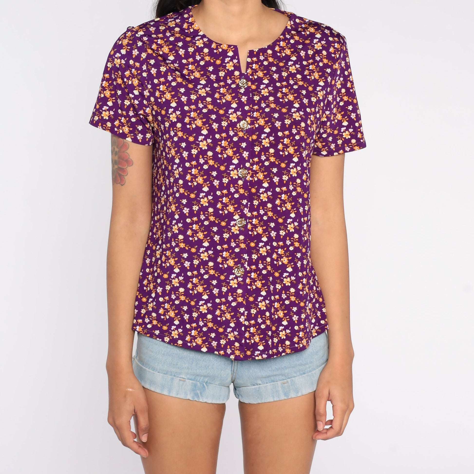 90s Purple Floral Button-Up Blouse Short Sleeve Shirt Large