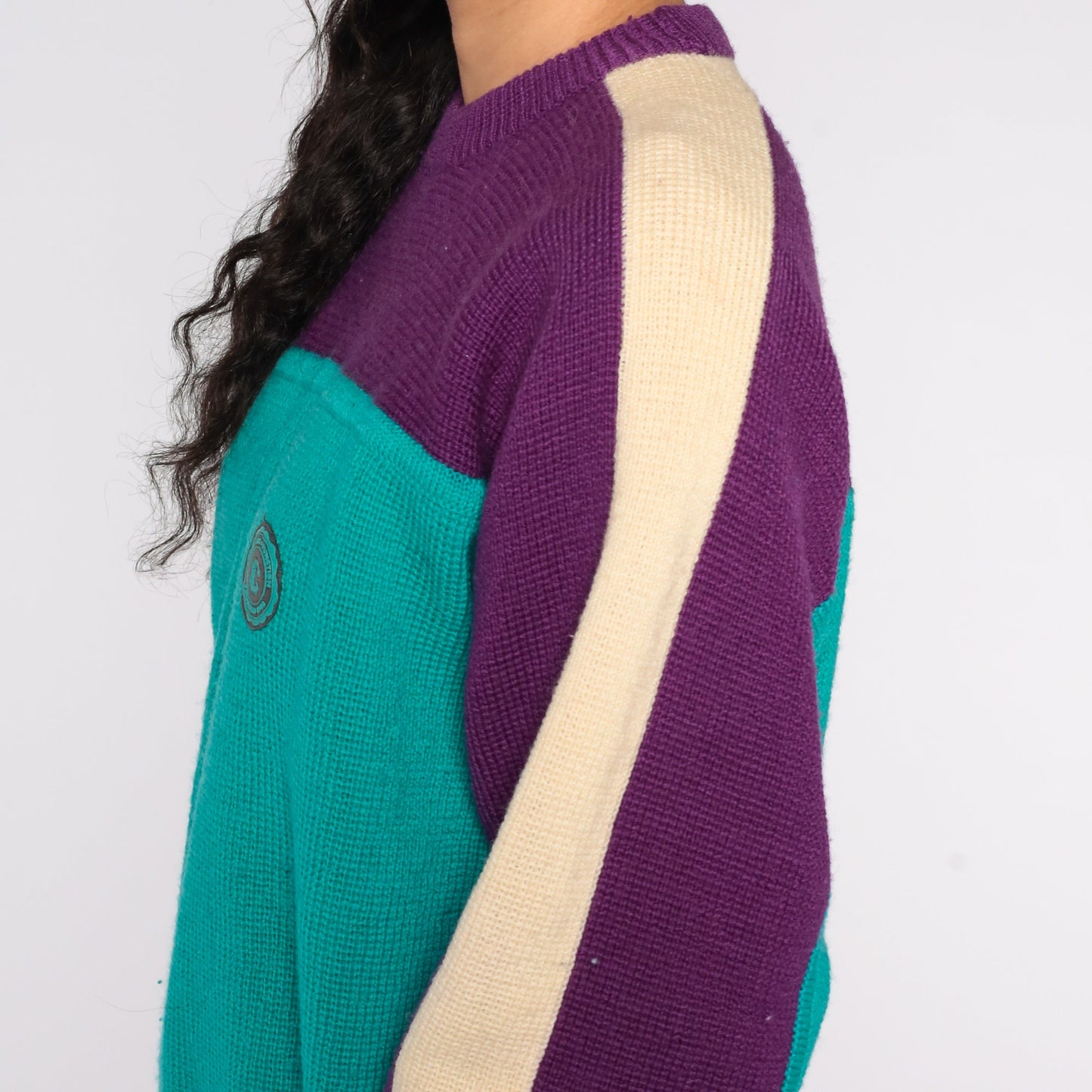 90s Wool Color Block Sweater Purple Green Cream Striped Crewneck Medium