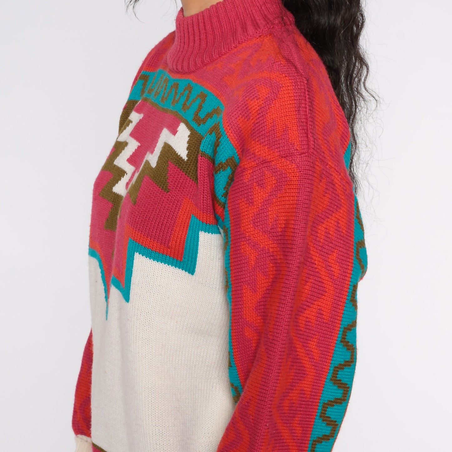 80s Southwestern Geometric Mock Neck Sweater Red Blue White Wool Blend Small