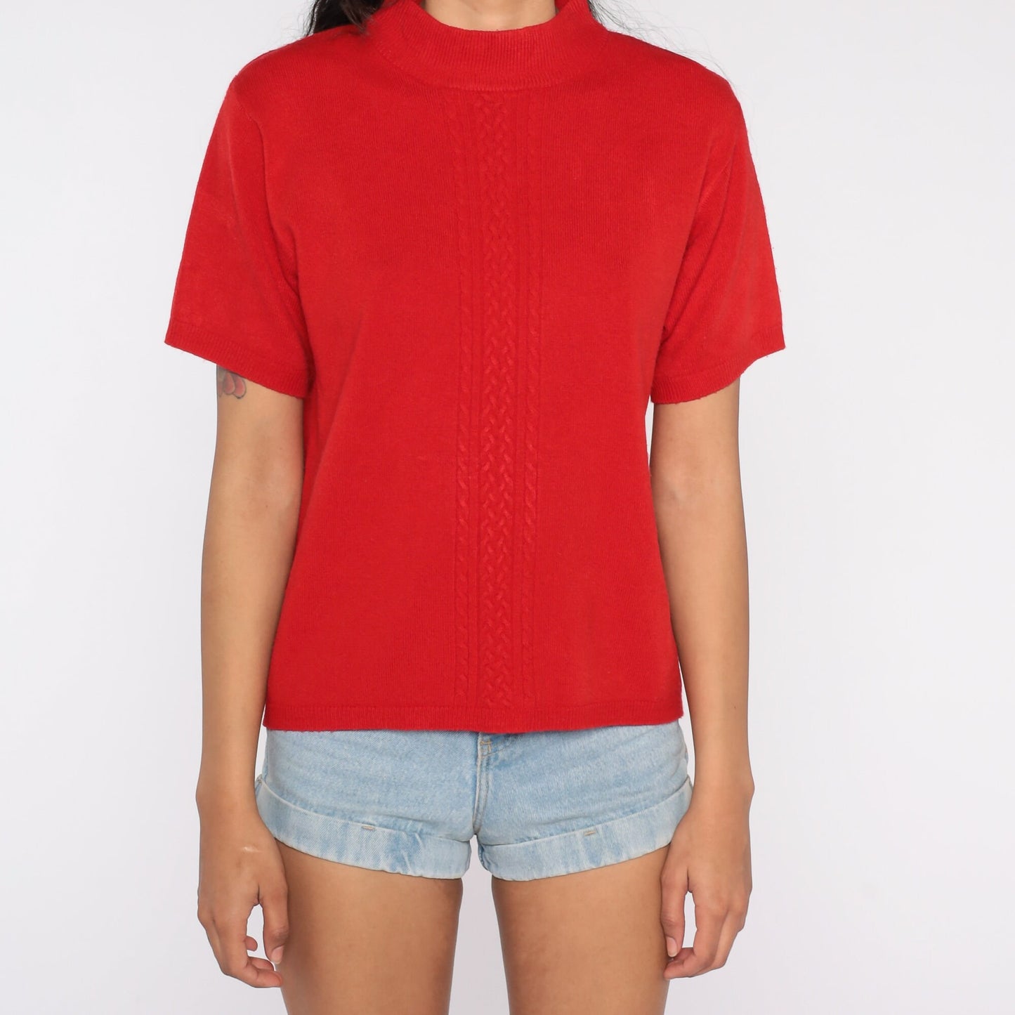 90s Red Knit Mock Neck Short Sleeve Top Medium M