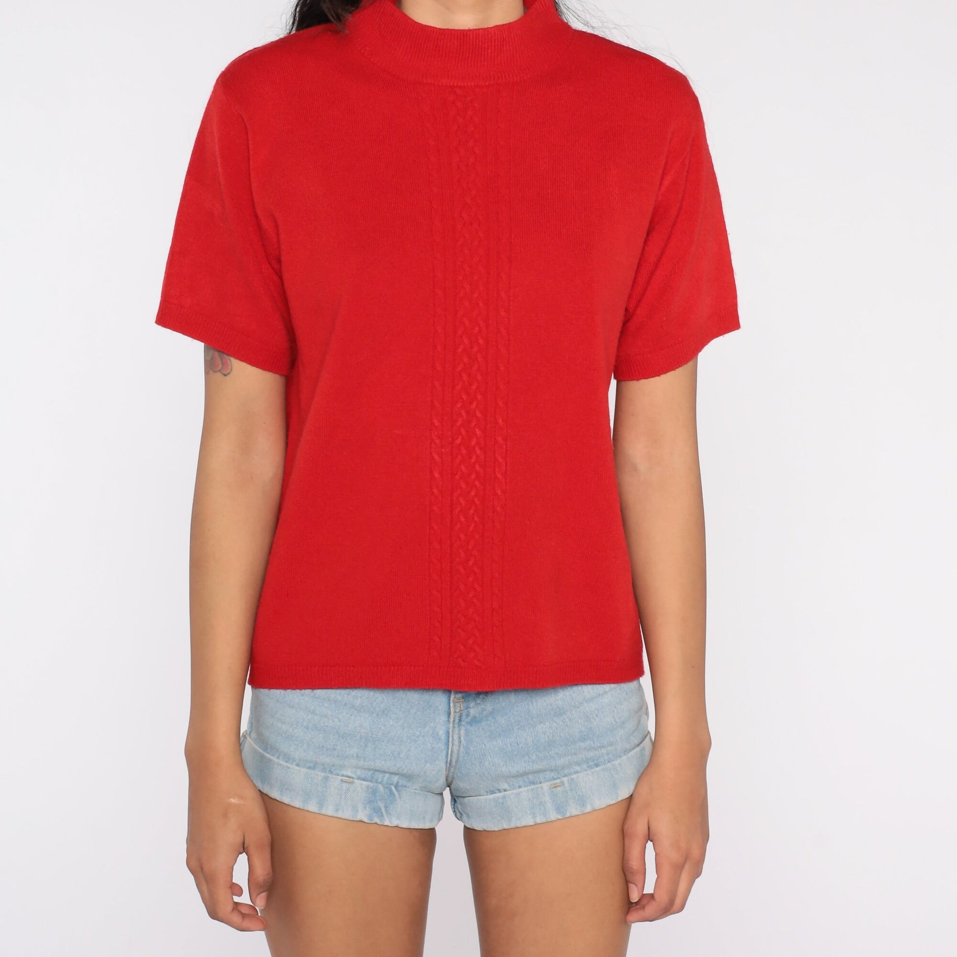 90s Red Knit Mock Neck Short Sleeve Top Medium M