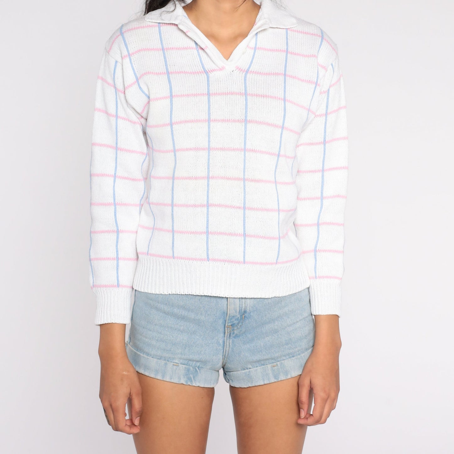 90s White Checkered Collared Sweater Blue Pink Cotton Ramie Knit Small