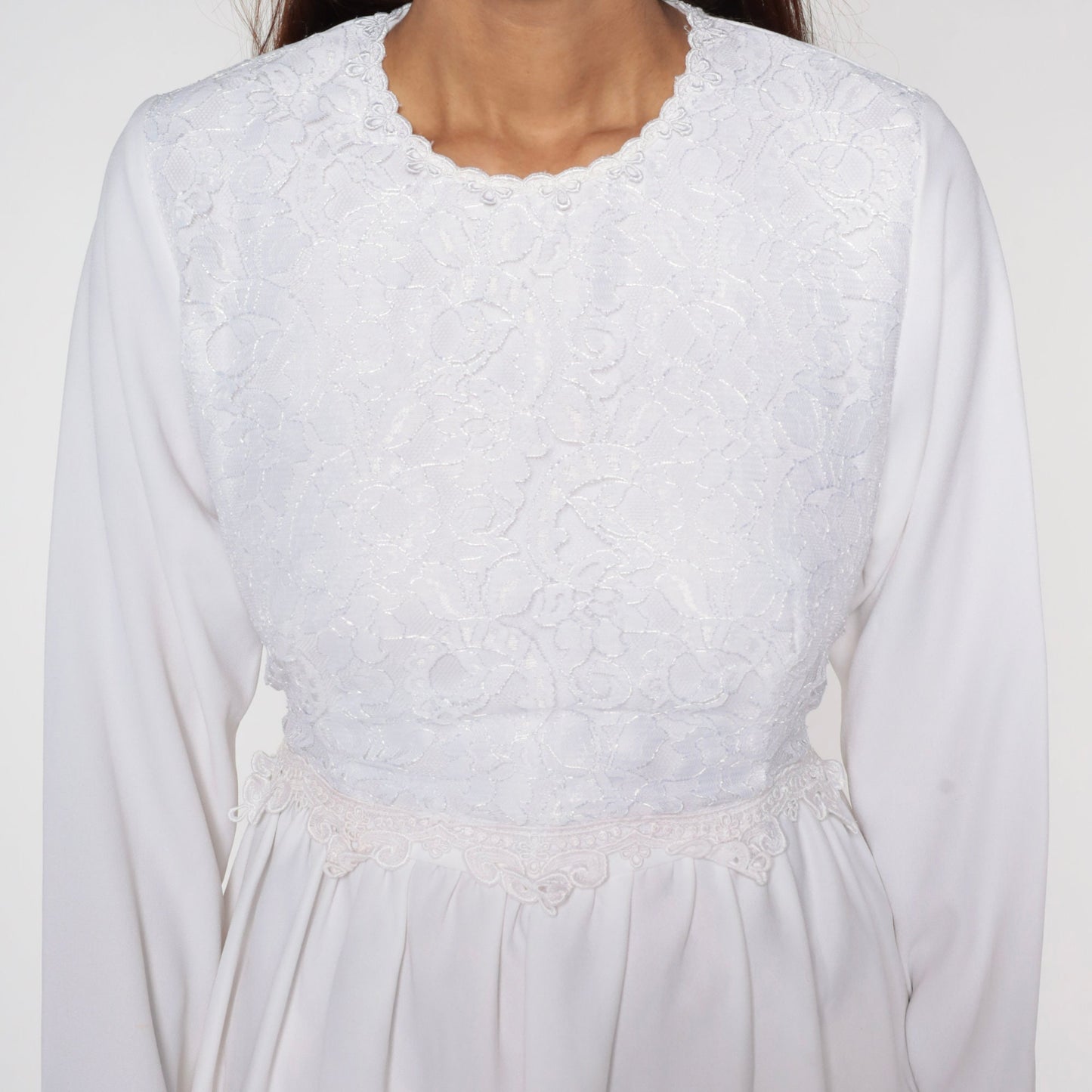 90s White Lace Mini Dress High Waist Long Sleeve Party Small