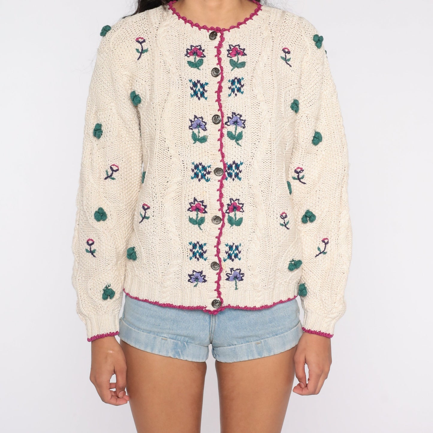 90s Cream Cable Knit Floral Cardigan Button Up Sweater Extra Large XXL