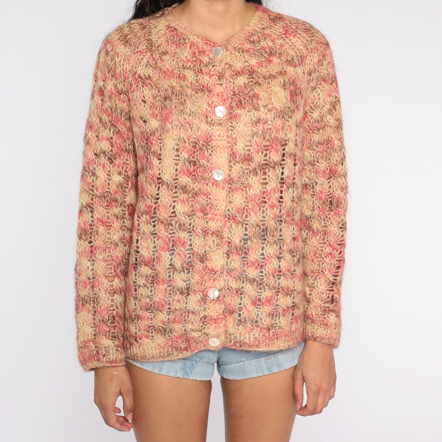 60s Cardigan Sweater Multicolor Pink Beige Brown Knit Button Up Large L