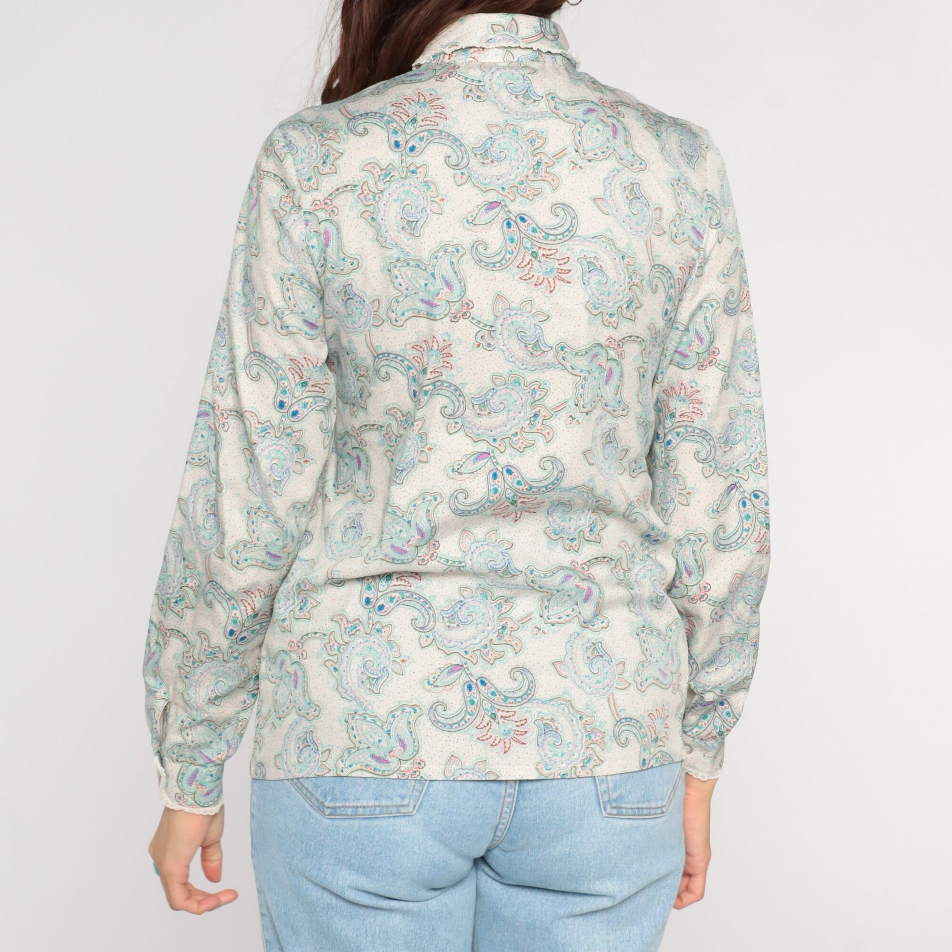 80s Paisley Blouse Peter Pan Collar Button-Up Long Sleeve Off-White Small S