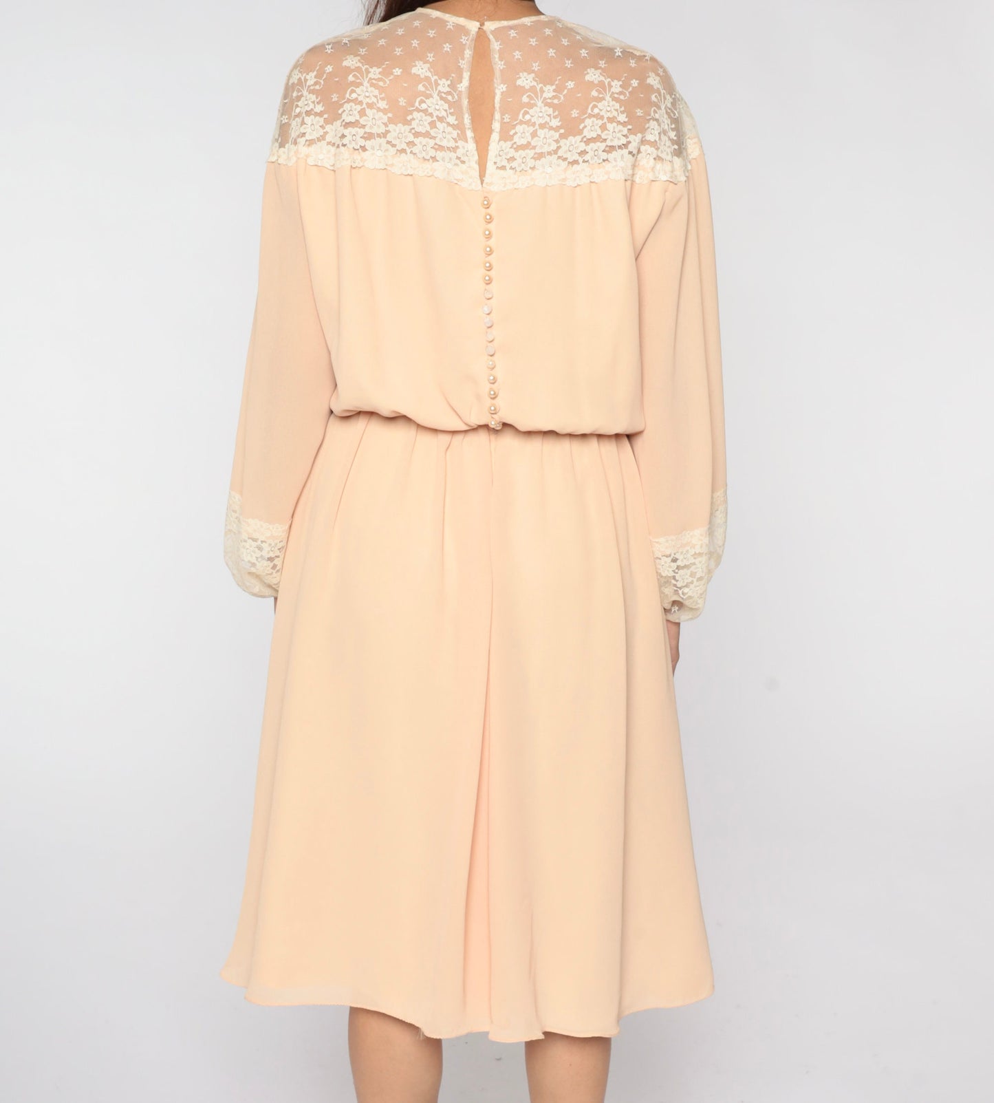 70s Peach Lace Midi Dress Illusion Neckline Long Sleeve High Waist Medium