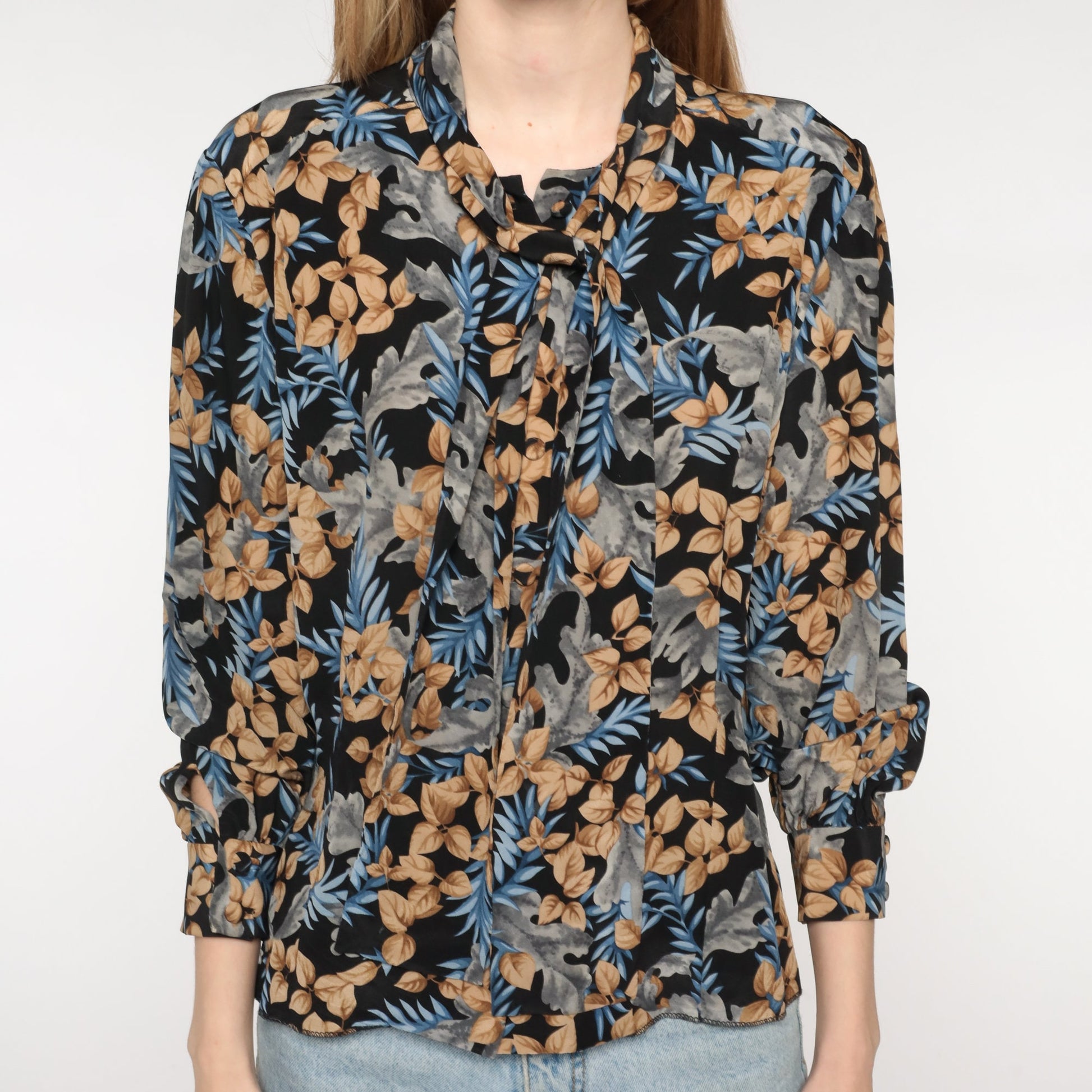 90s Black Leaf Print Ascot Blouse Long Sleeve Button Up Medium