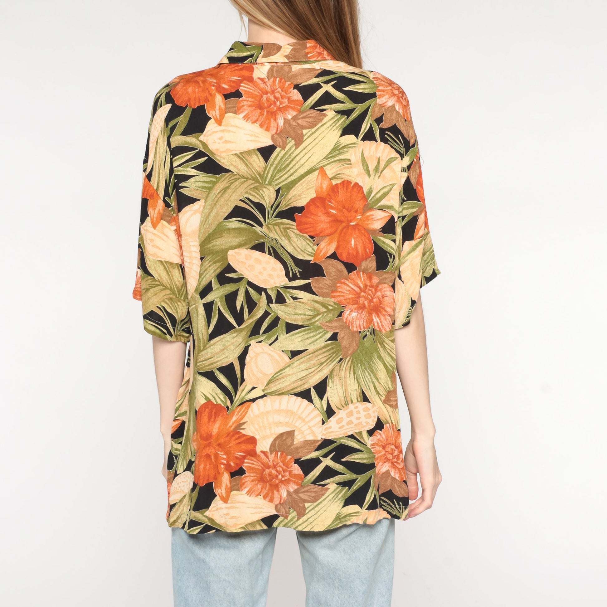 90s Tropical Floral Seashell Button-Up Shirt Orange Green Rayon Medium