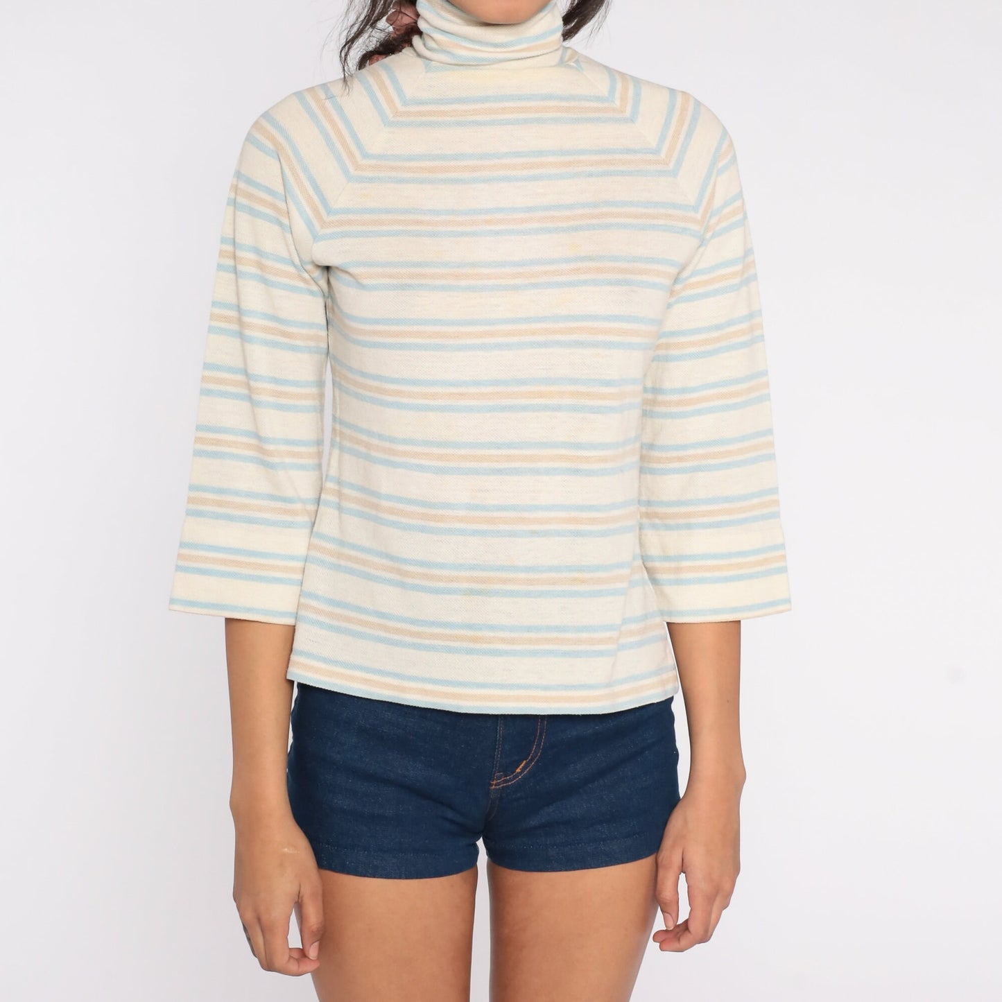 70s Striped Turtleneck Raglan Sleeve Shirt Off-White Blue Small