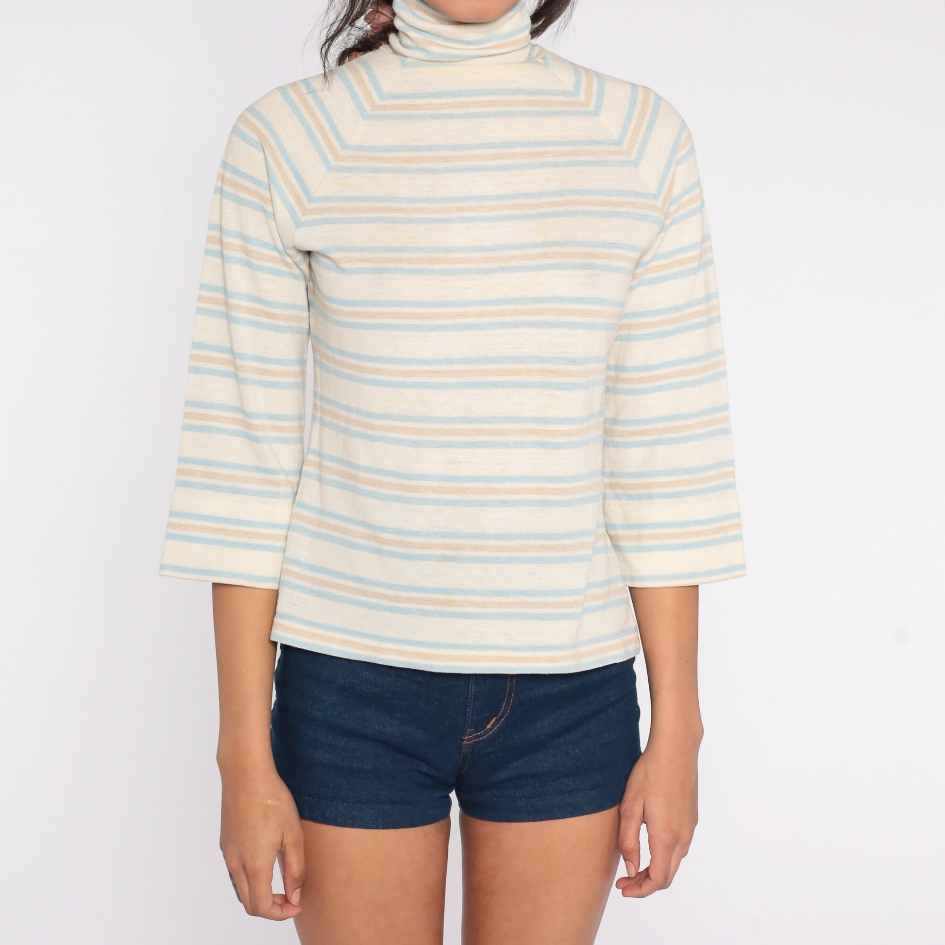 70s Striped Turtleneck Raglan Sleeve Shirt Off-White Blue Small