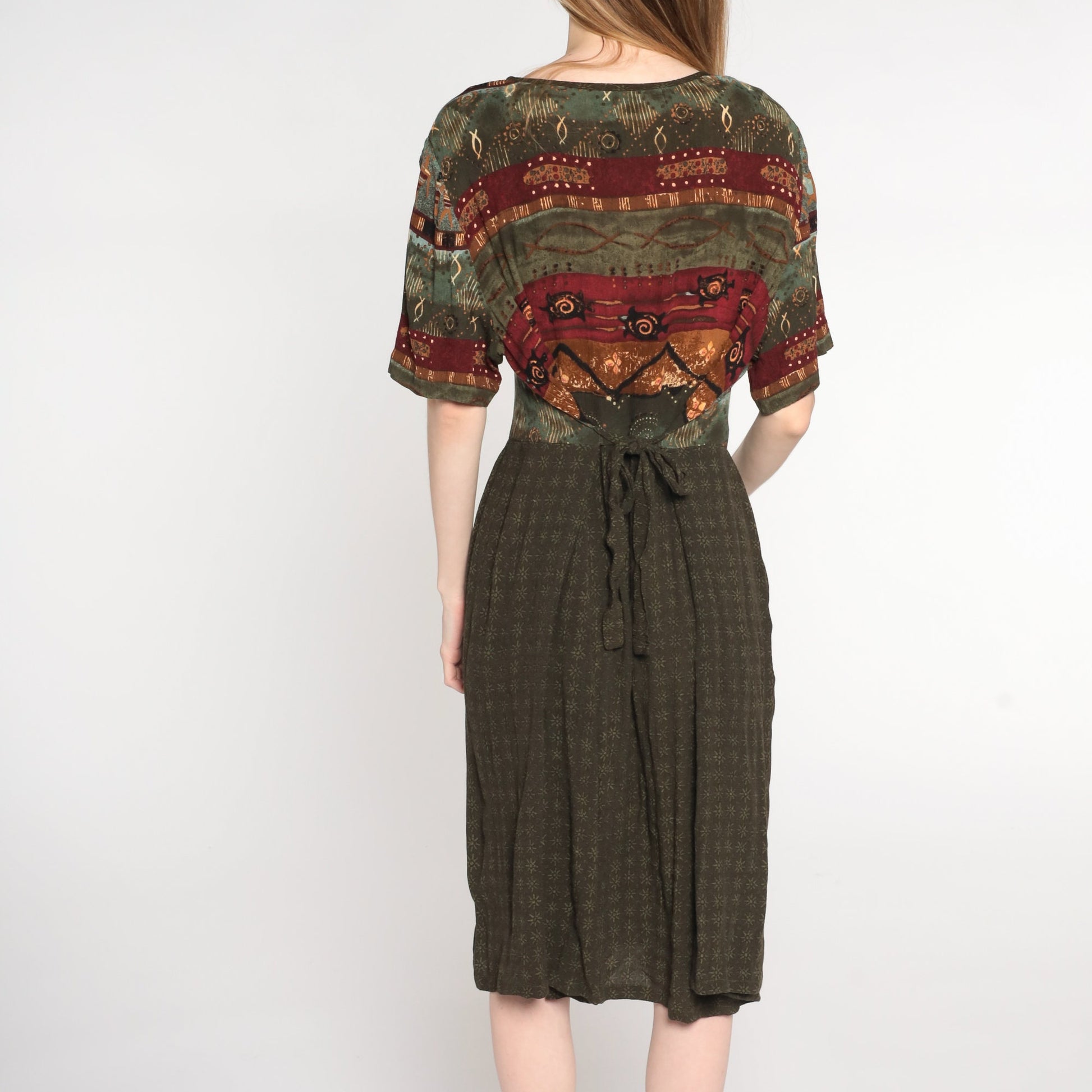 90s Brown Geometric Print Midi Dress High Waist Short Sleeve Plus Size 16W