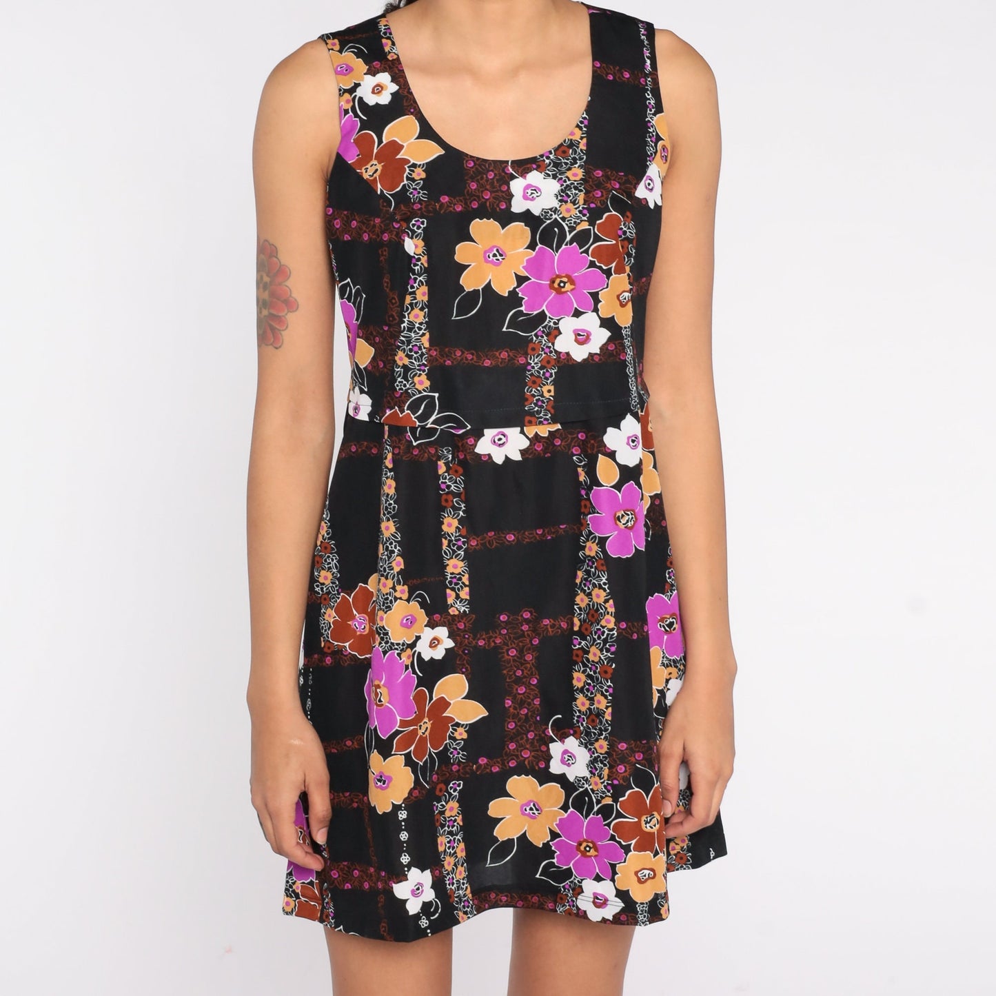 70s Black Floral Mini Dress Sleeveless A-Line Small