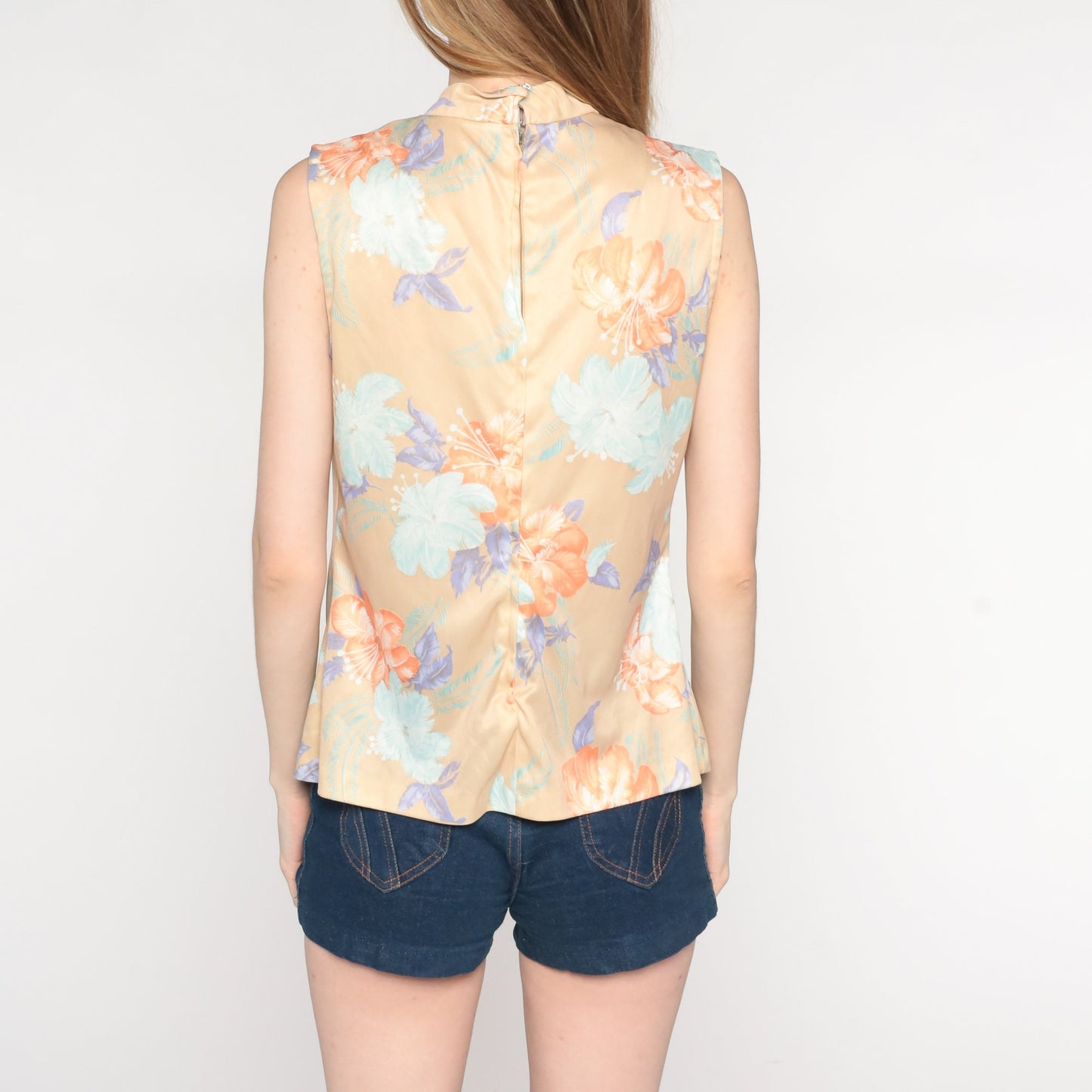 70s Floral Tank Top Beige Psychedelic Print Sleeveless Blouse Medium