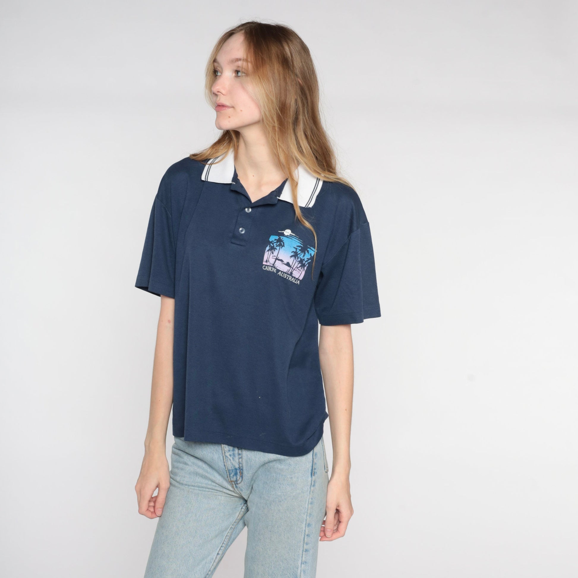 80s Cairns Australia Polo Shirt Navy Blue Graphic Mens Small