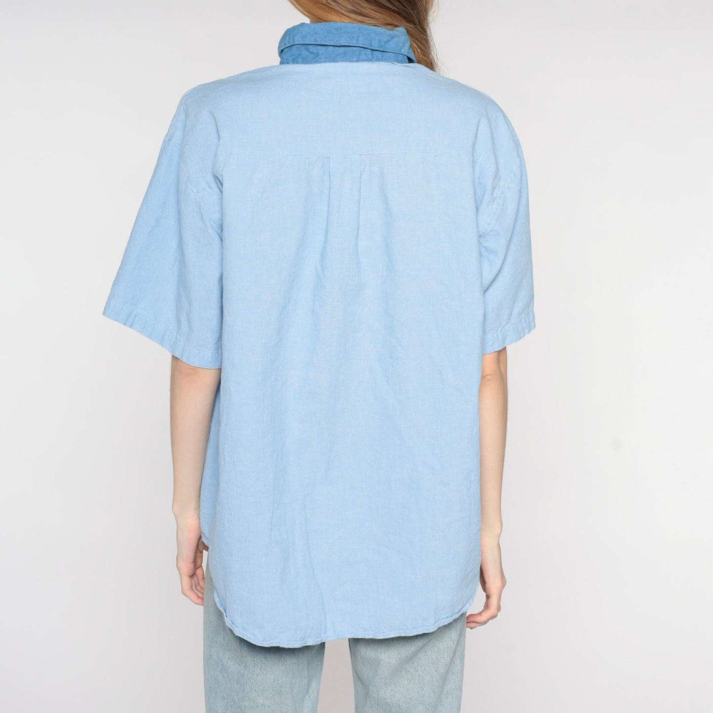 90s Blue Chambray Button Up Shirt Floral Birdhouse Embroidery Extra Large