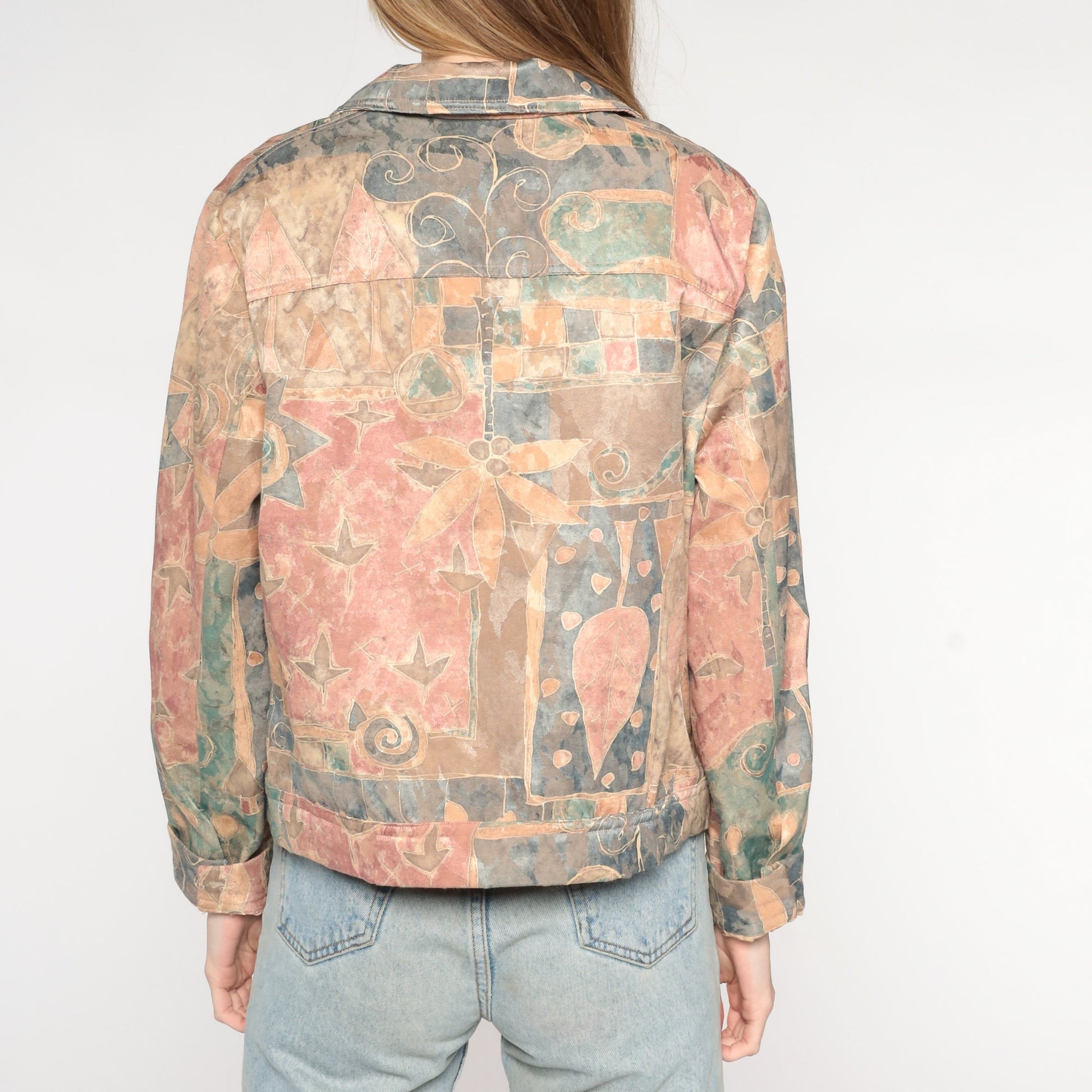 90s Abstract Fish & Tree Jacket Cropped Button Up Geometric Print Large L