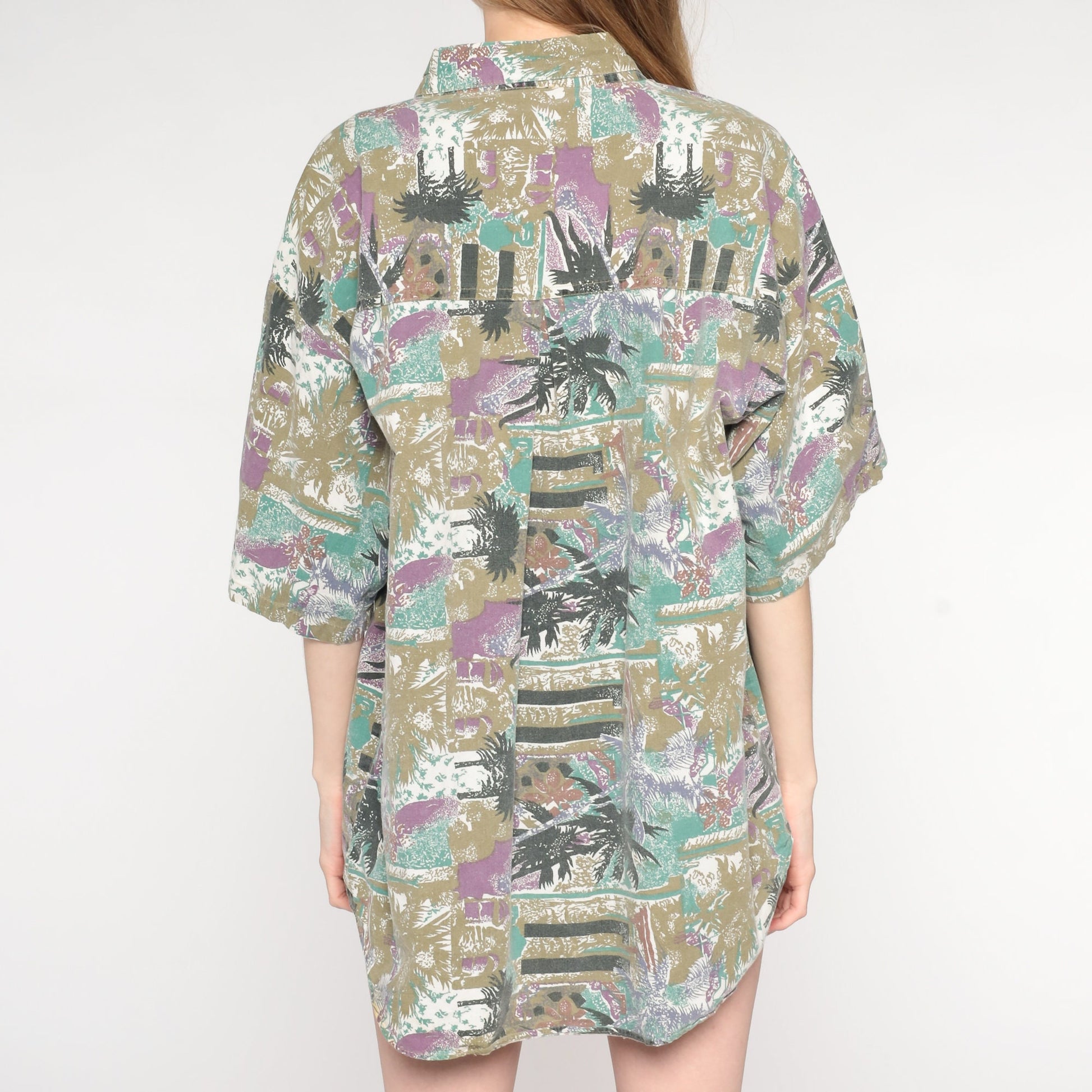 90s Tropical Palm Tree Button Up Shirt Olive Short Sleeve Extra Large