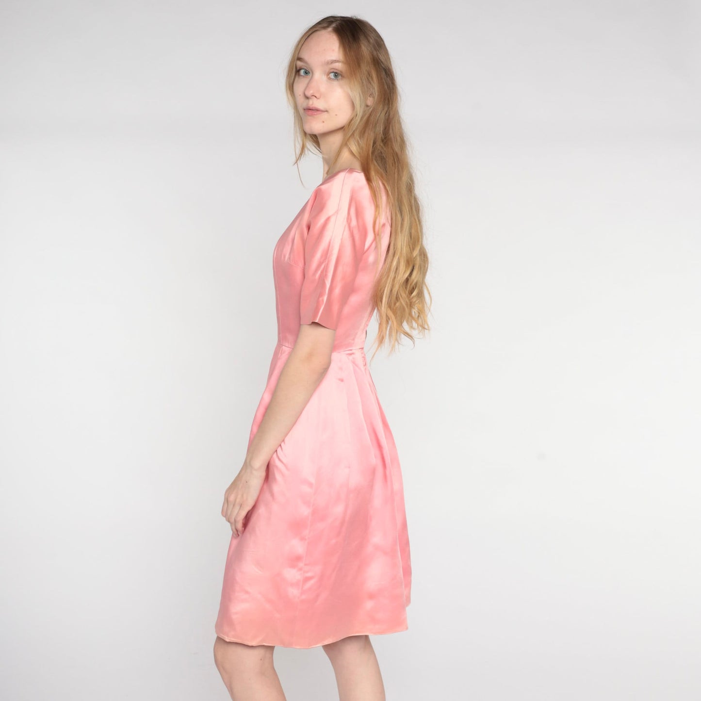 1960s Pink Satin Mini Shift Dress Short Sleeve High Waist Extra Small XS