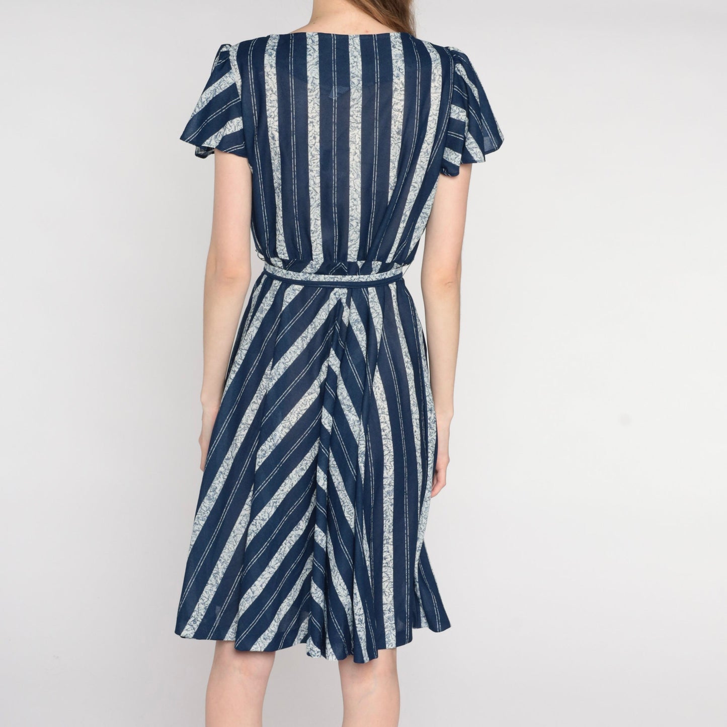 70s Navy Striped Dress High Waist Flutter Sleeve Belted Knee Length Medium