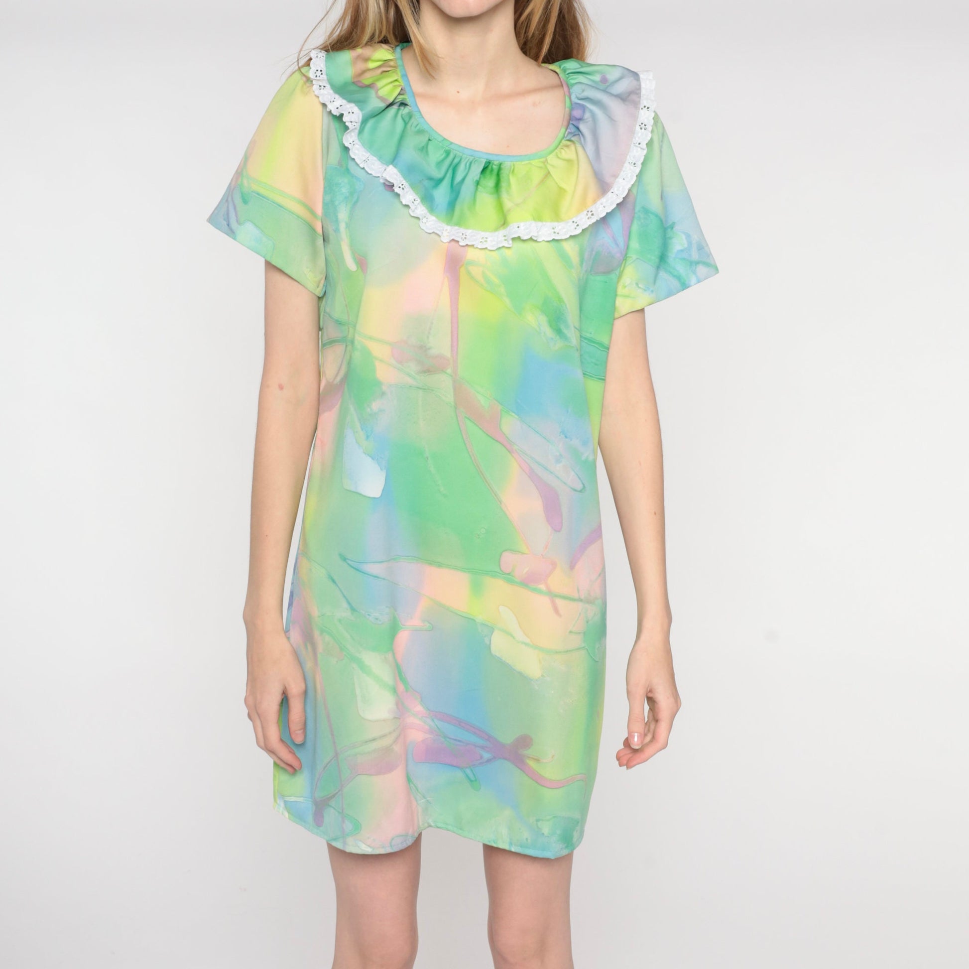 70s Psychedelic Watercolor Mini Dress Shift Ruffled Neckline Small