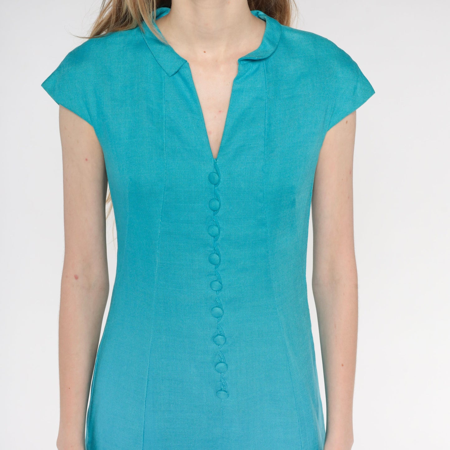 60s Blue Shift Dress Cap Sleeve Button Front Mini Small