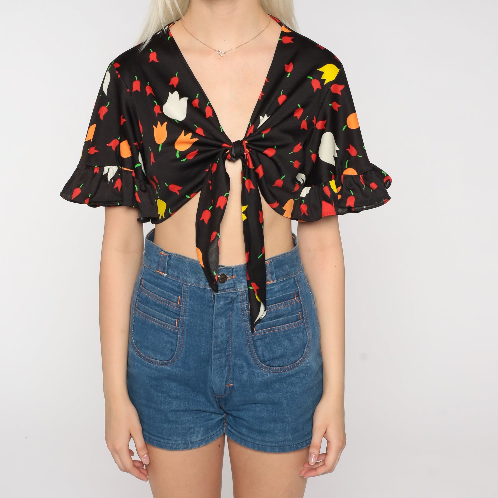 70s Black Tulip Floral Crop Top Tie Front Ruffled Sleeve Small Medium