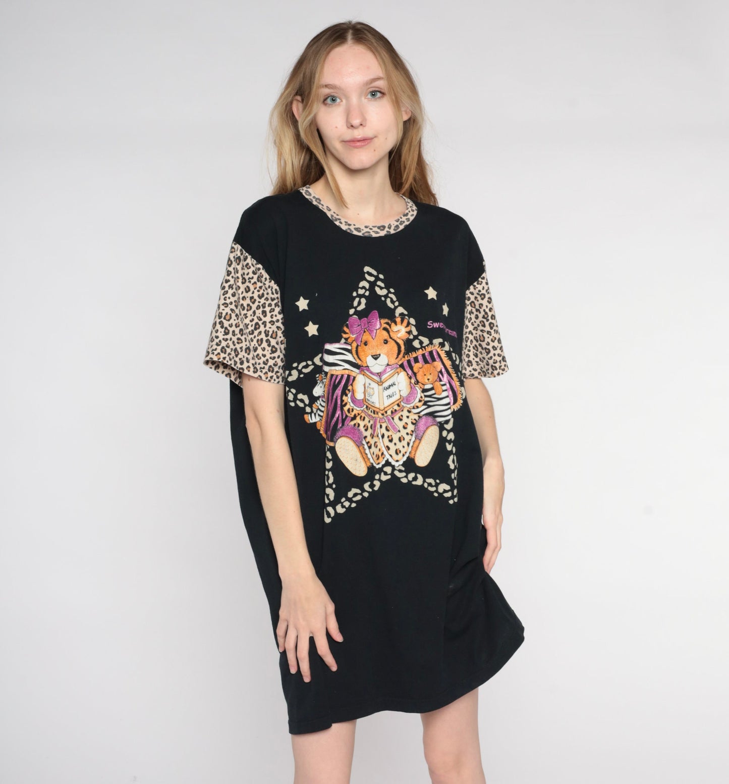 90s Baby Tiger Sweet Dreams T-Shirt Dress Black Leopard Print Mini Nightgown