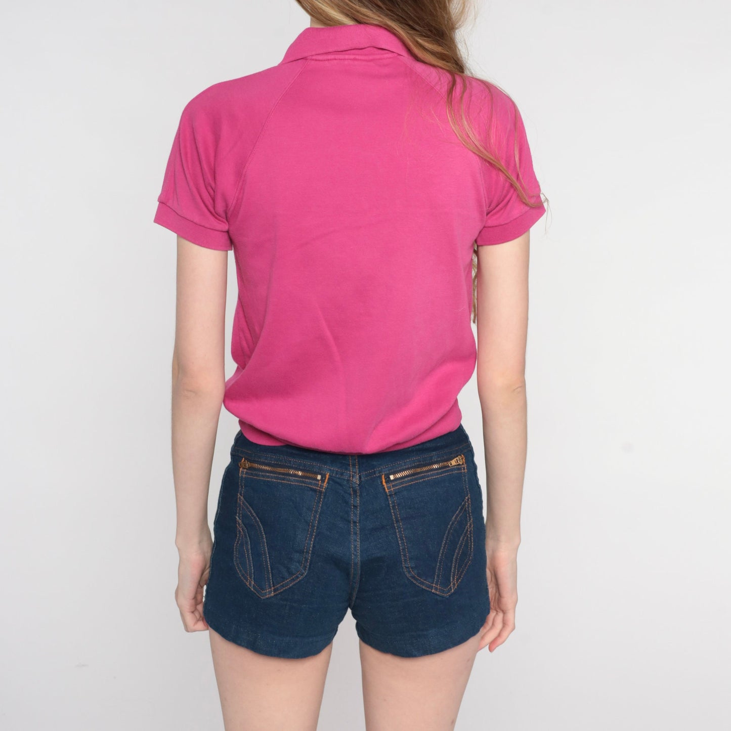 80s Hot Pink Polo Shirt Cropped Short Sleeve Button Up Small