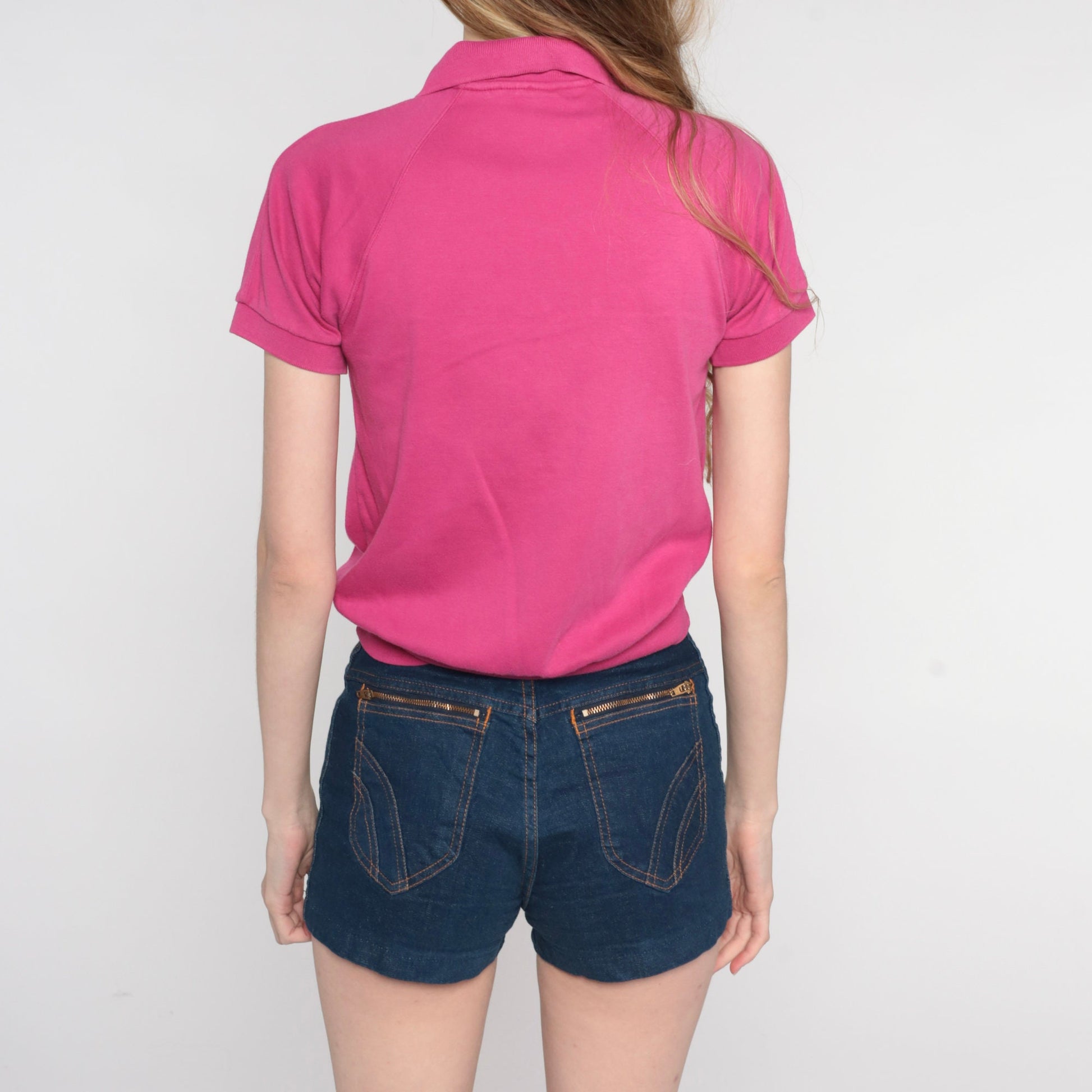 80s Hot Pink Polo Shirt Cropped Short Sleeve Button Up Small