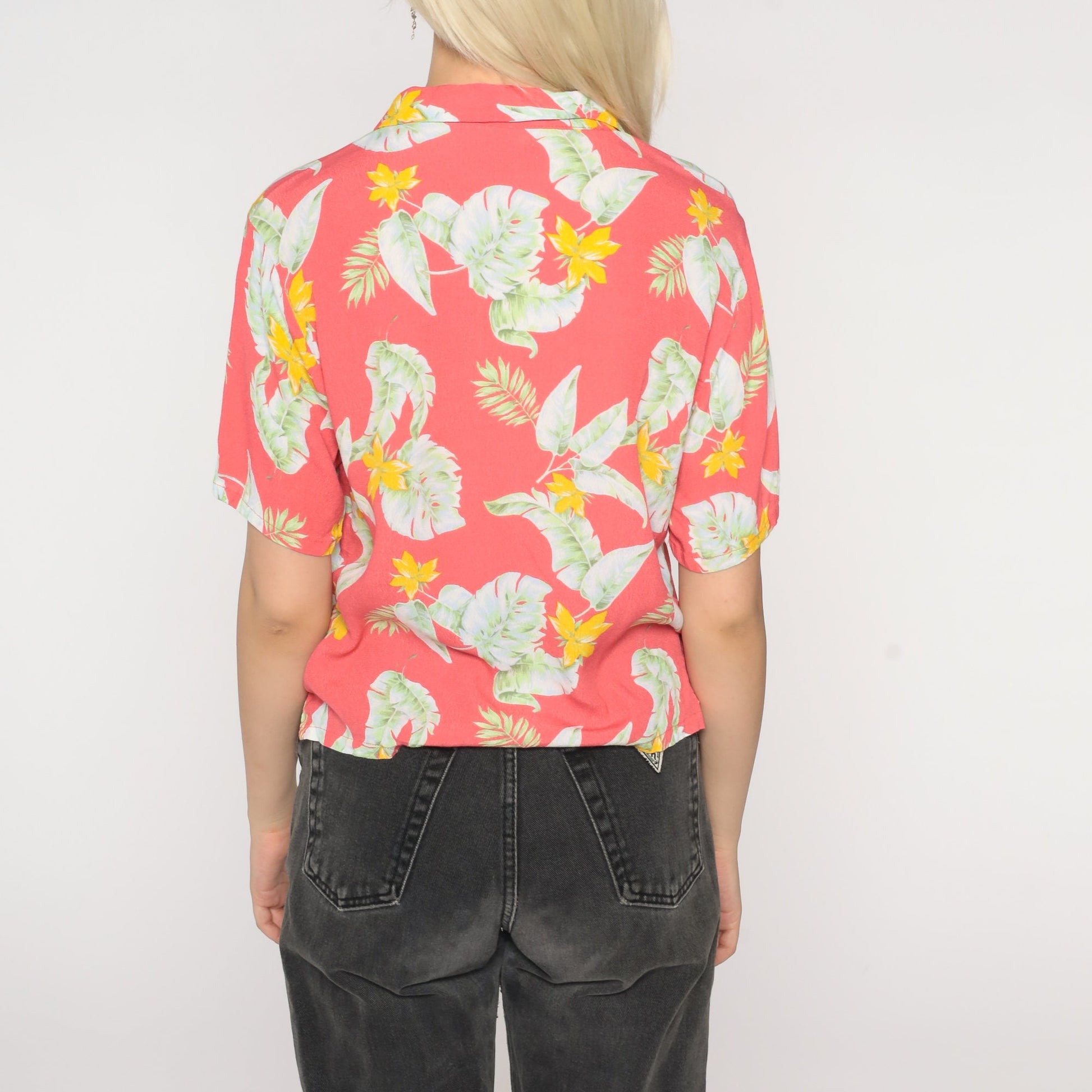 90s Hawaiian Shirt Faded Red Tropical Floral Button Up Small