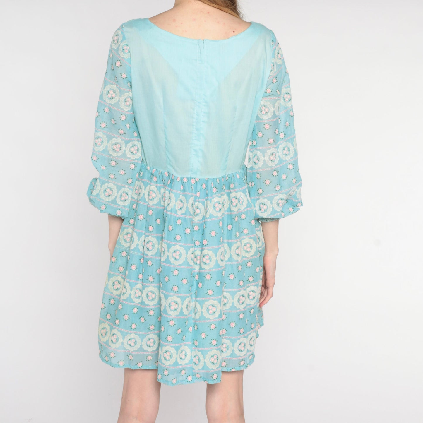 70s Baby Blue Floral Mini Dress Peasant Sleeves Lace-Up Bodice Medium