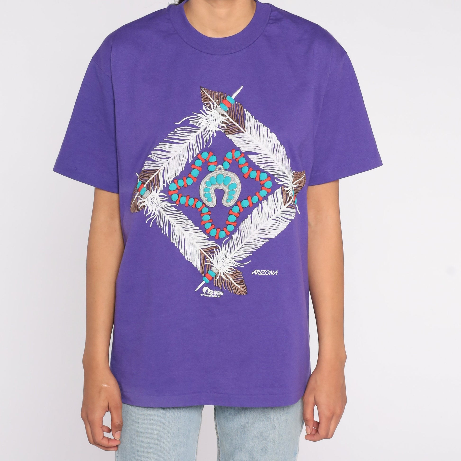 90s Arizona Native American Feather Turquoise Graphic T-Shirt Purple Medium