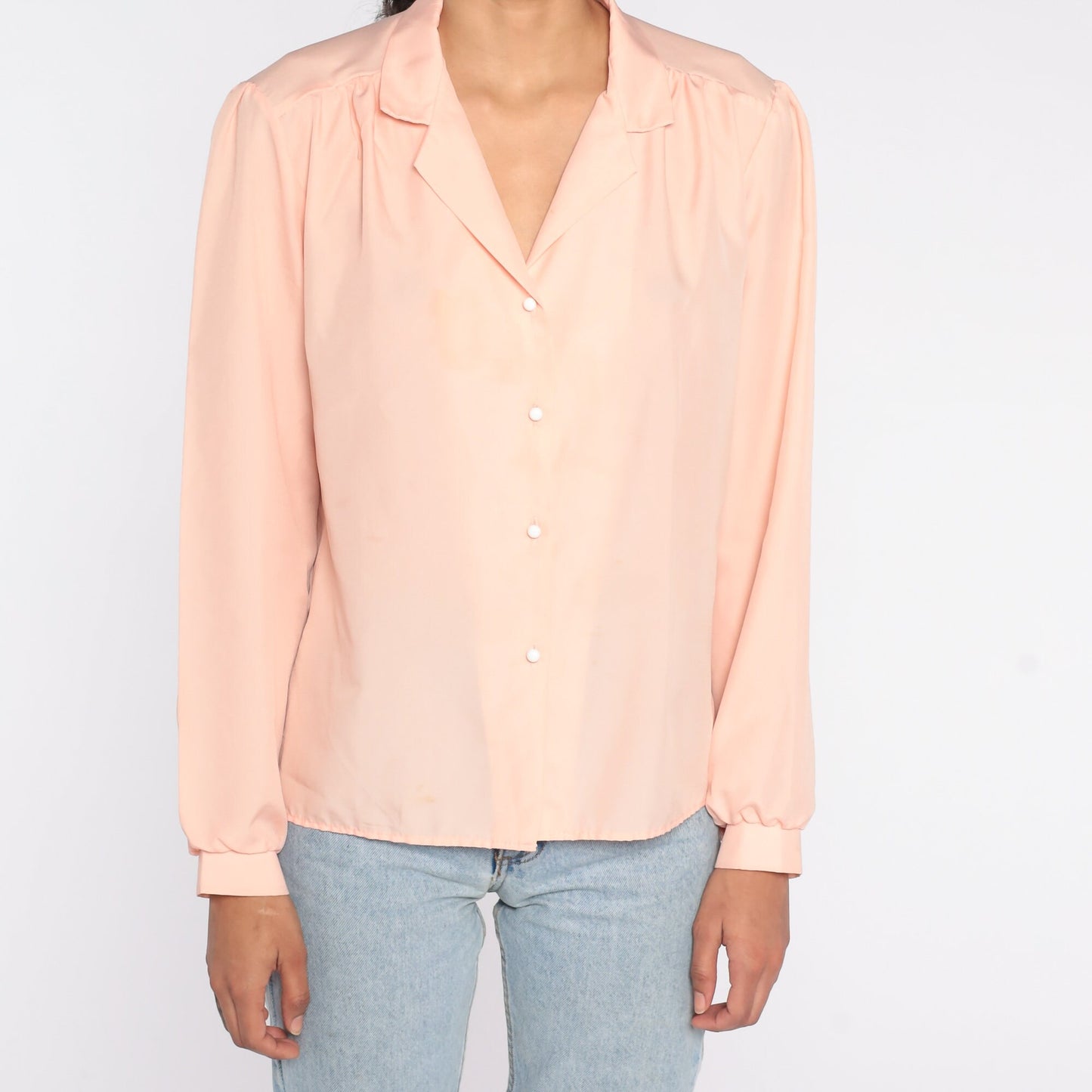 80s Peach Button-Up Blouse Collared Long Sleeve Shirt Extra Large XL