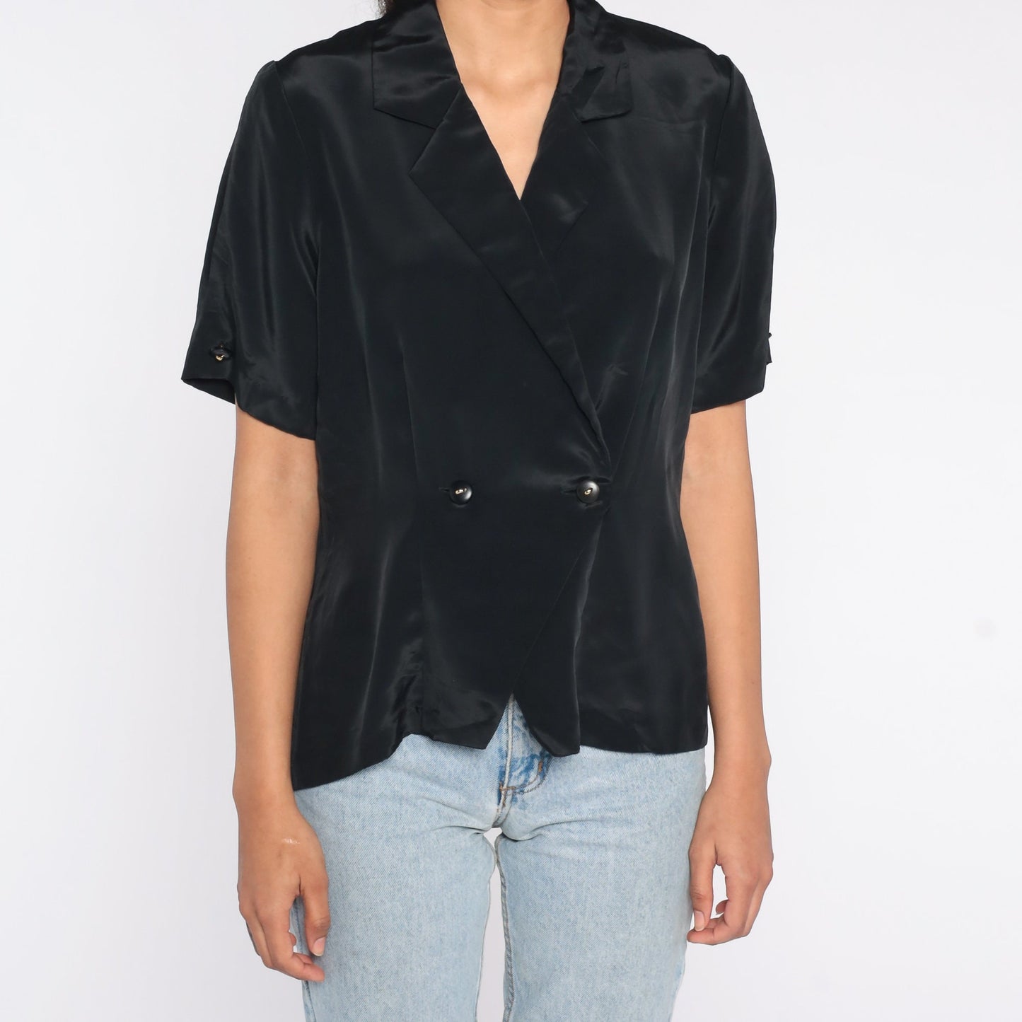 80s Black Wrap Blouse Double Breasted V Neck Short Sleeve Medium