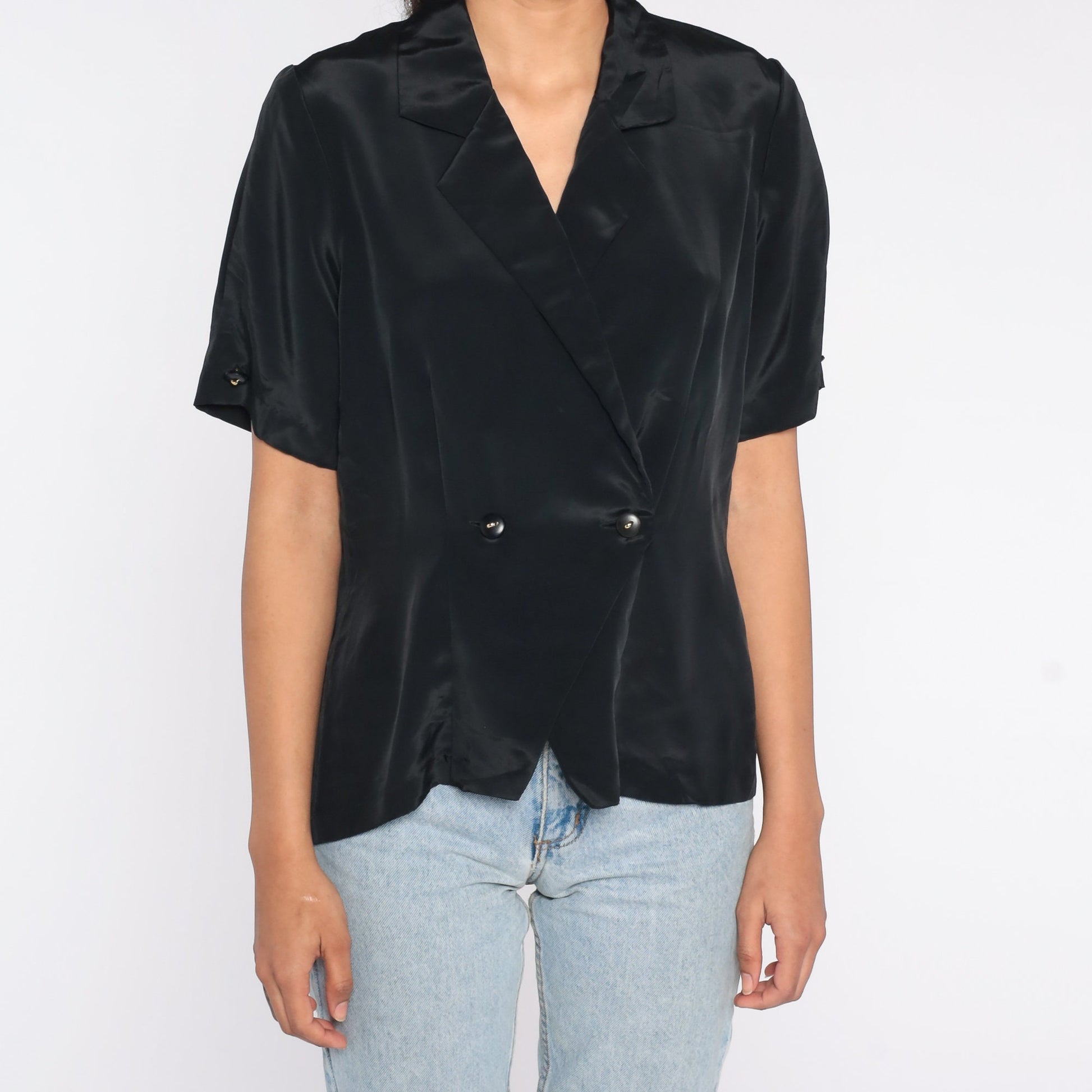 80s Black Wrap Blouse Double Breasted V Neck Short Sleeve Medium