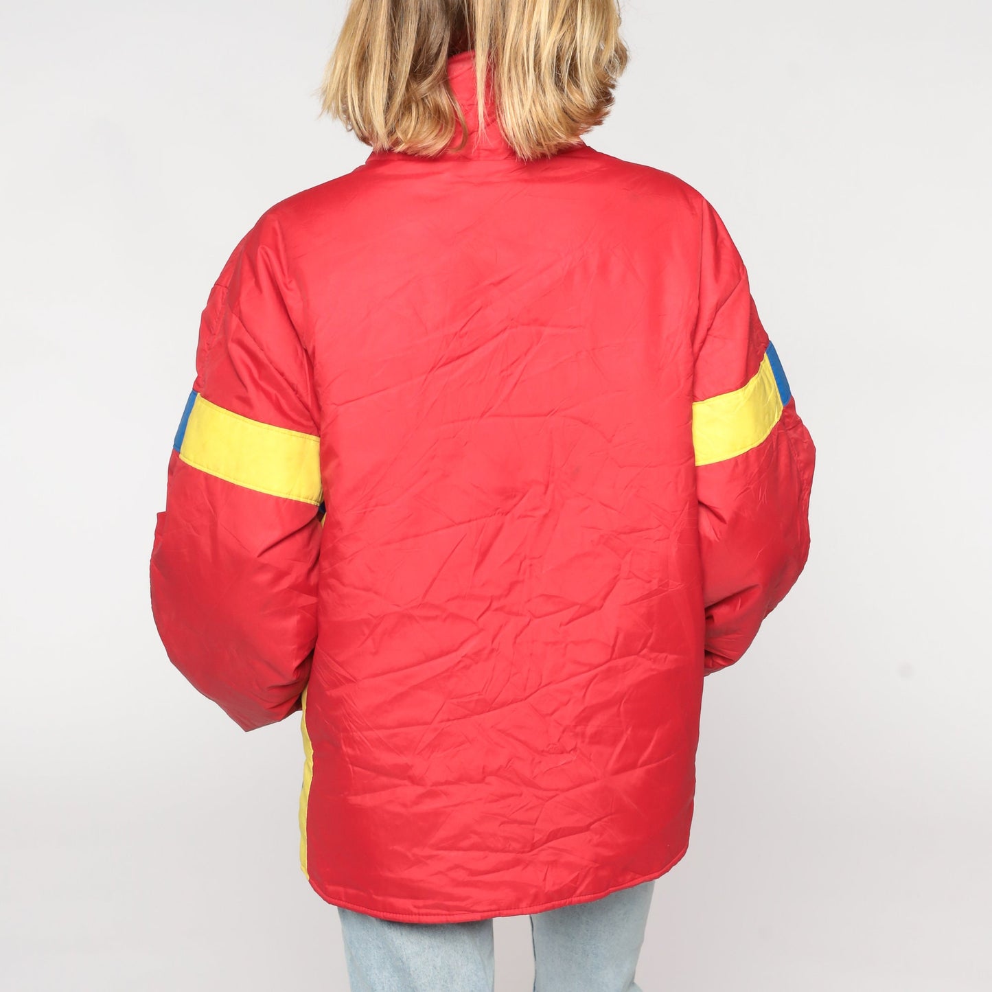 80s Roffe Goose Down Ski Jacket Red Striped Puffer Zip Coat Men's Large