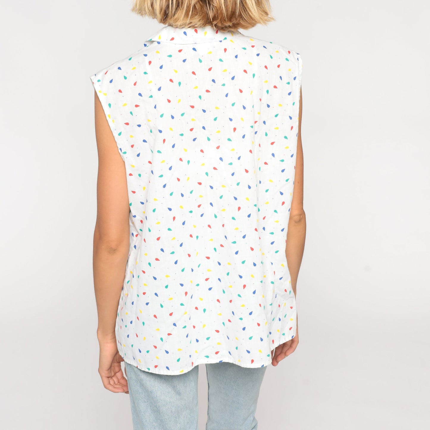 80s Confetti Print White Button-Up Sleeveless Blouse Collared Tank Large