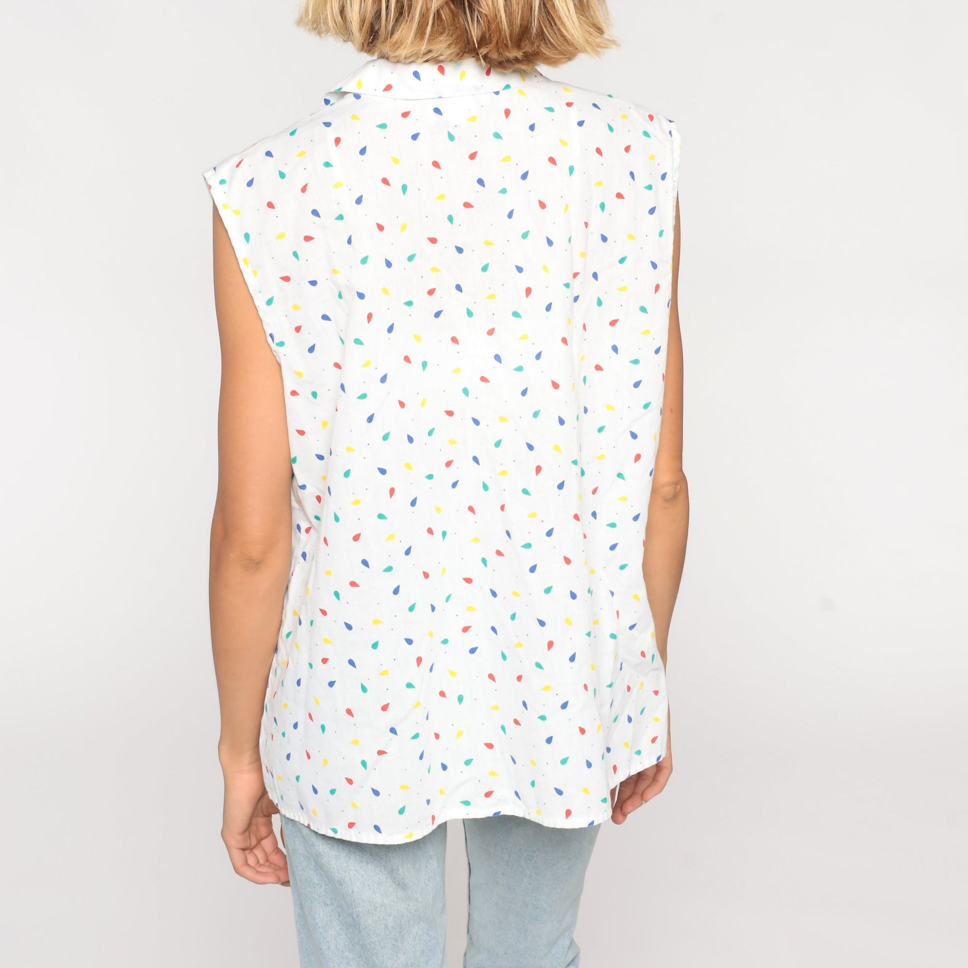 80s Confetti Print White Button-Up Sleeveless Blouse Collared Tank Large