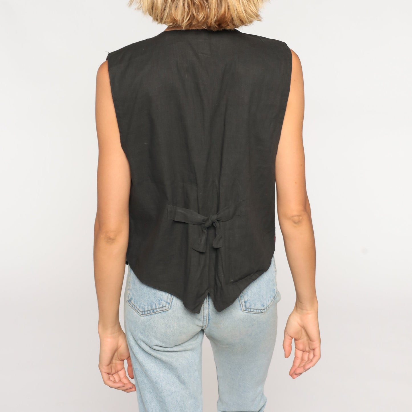 90s Black Ikat Print Button-Up Vest Cotton Sleeveless Medium