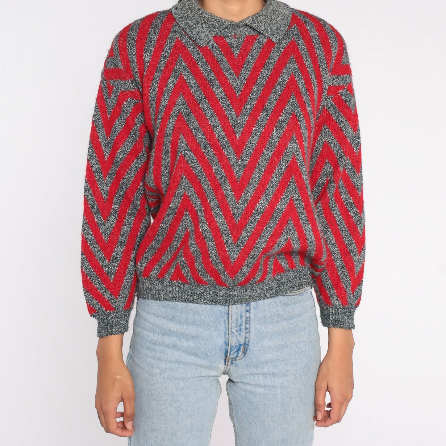 80s Chevron Striped Collared Sweater Red Grey Knit Pullover Small