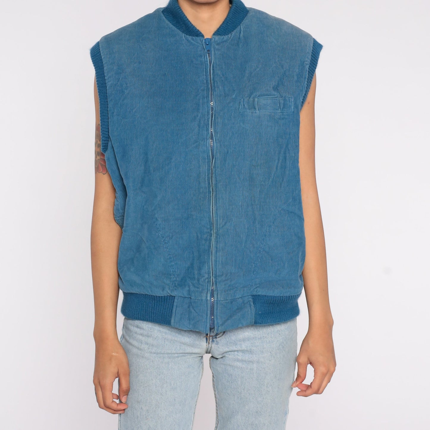 80s Blue Corduroy Puffer Vest Insulated Zip Sleeveless Large
