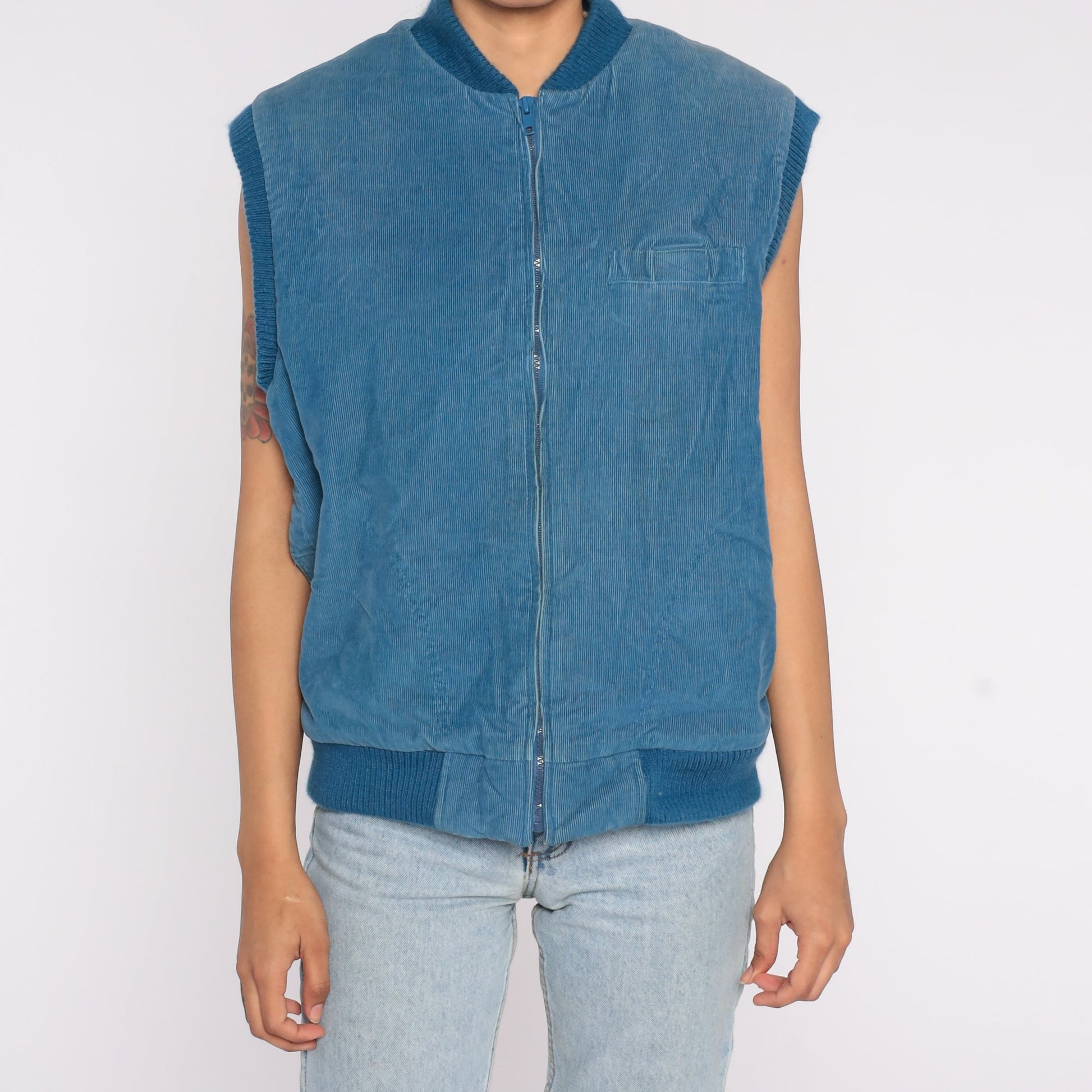 80s Blue Corduroy Puffer Vest Insulated Zip Sleeveless Large