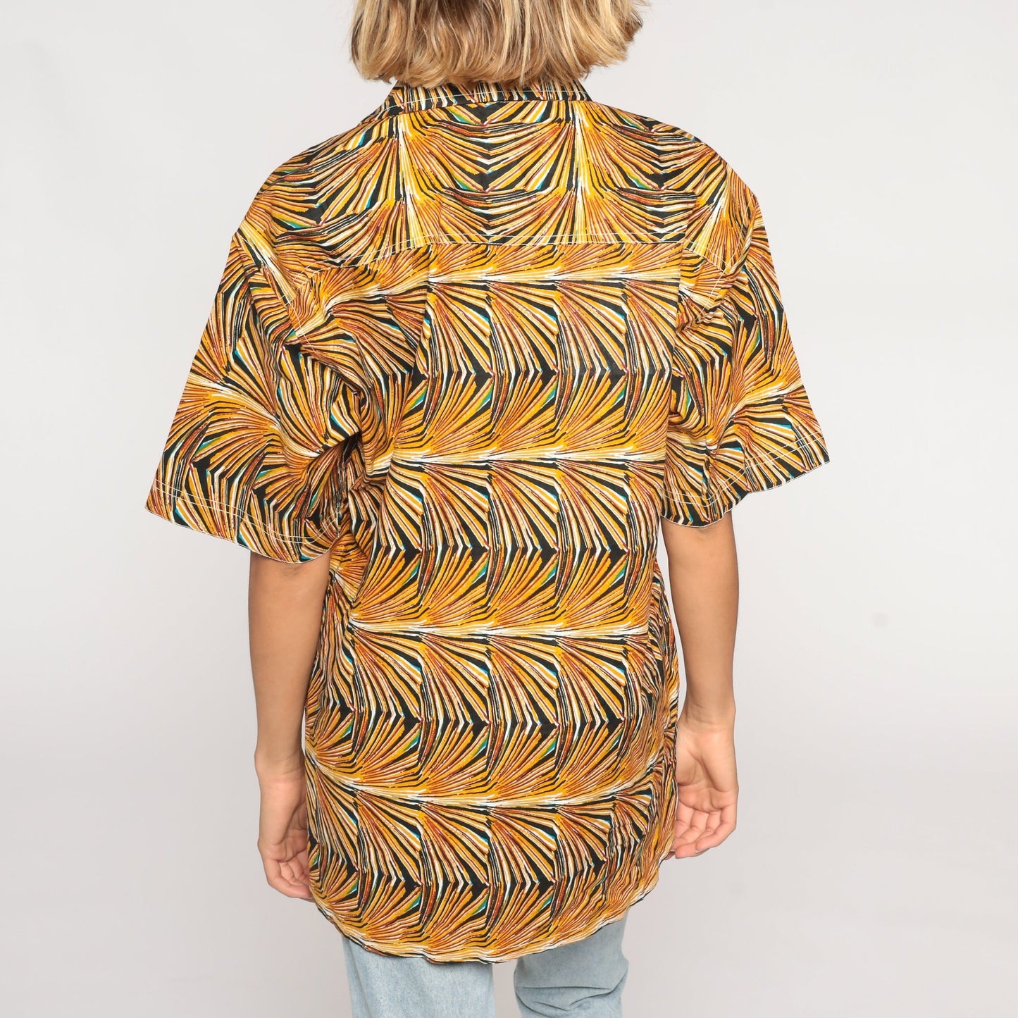 80s Abstract Op Art Button-Up Shirt Yellow Psychedelic Print Cotton Large